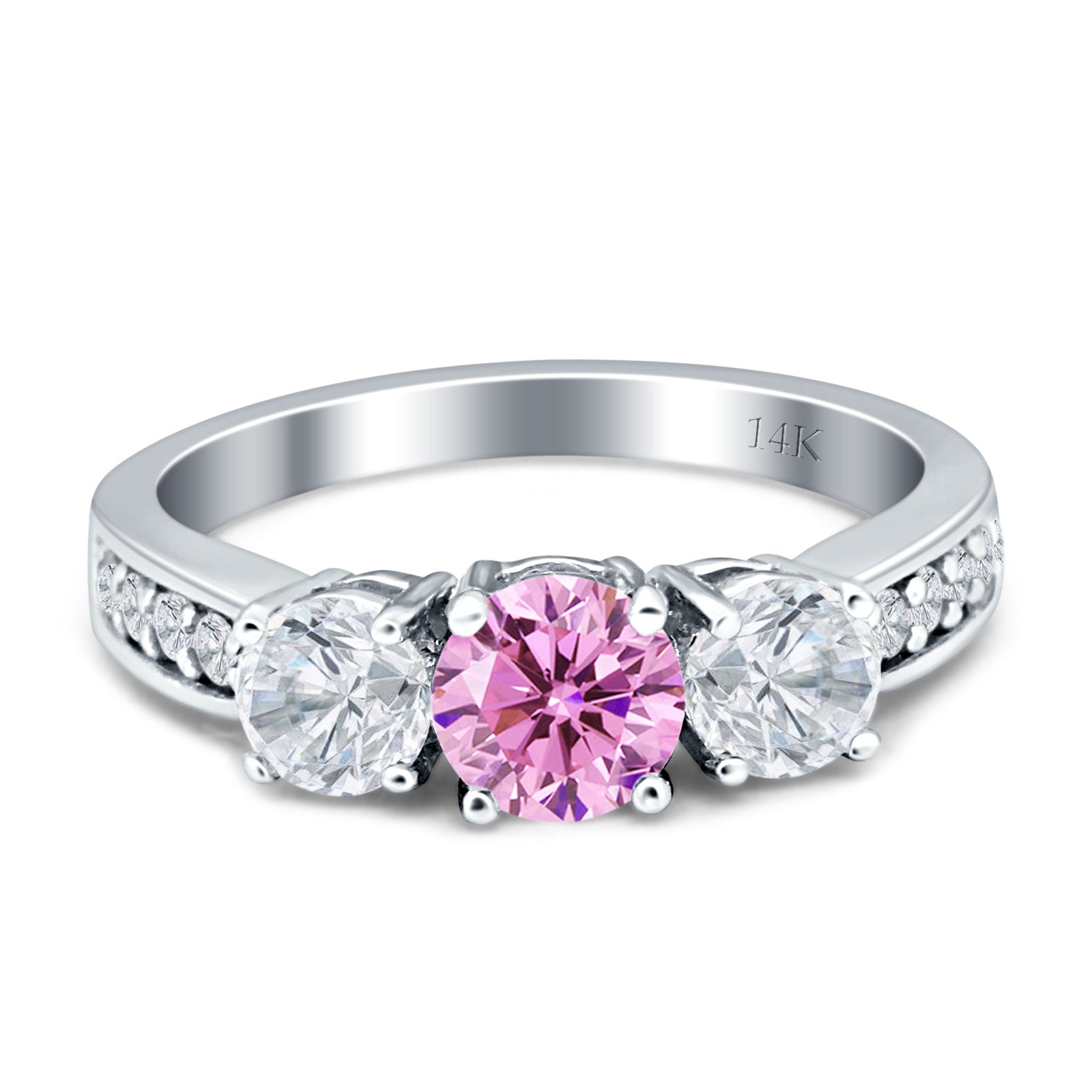 14K Yellow Gold Three Stone Round Pink Cubic Zirconia Ring for Women - Elegant Engagement, Wedding, Anniversary Gift Idea