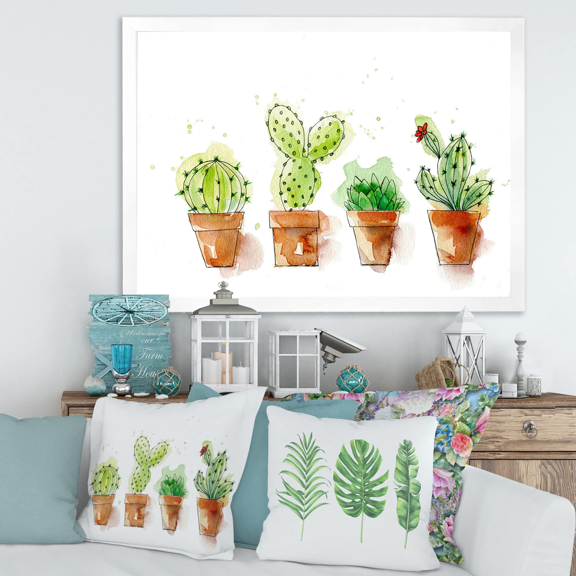 DesignQ Cacti in Ceramic Pots - Gentle Tone Traditional Framed Wall Art for Living Room, Bedroom & Office Decor