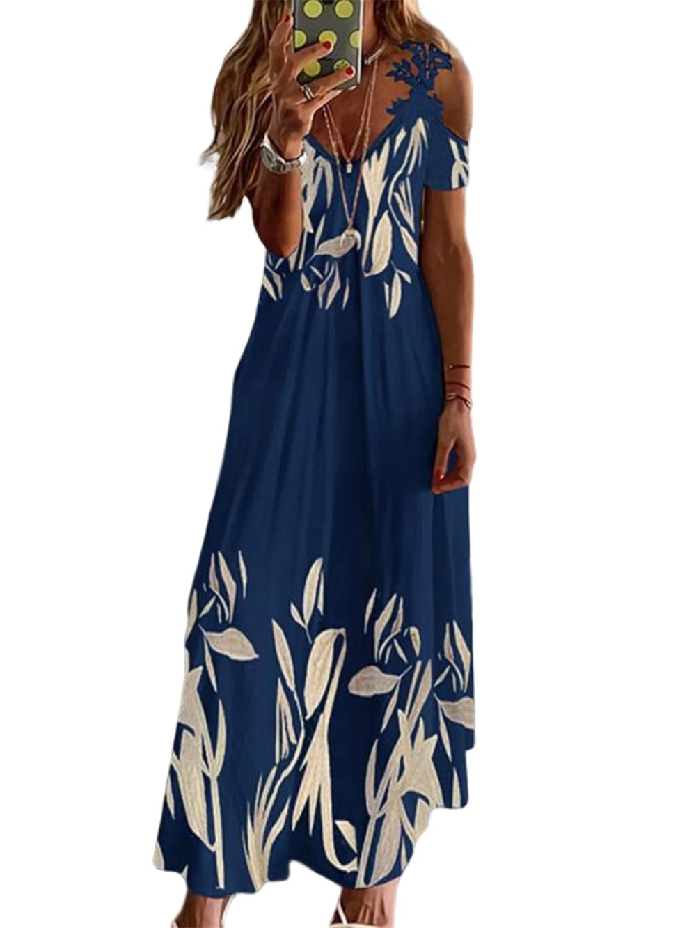 Women's Summer Cold Shoulder Maxi Long Dress - V-Neck Floral Print Casual Sundress for Beach, Vacation & Outdoor Parties | Lightweight & Breathable Fabric