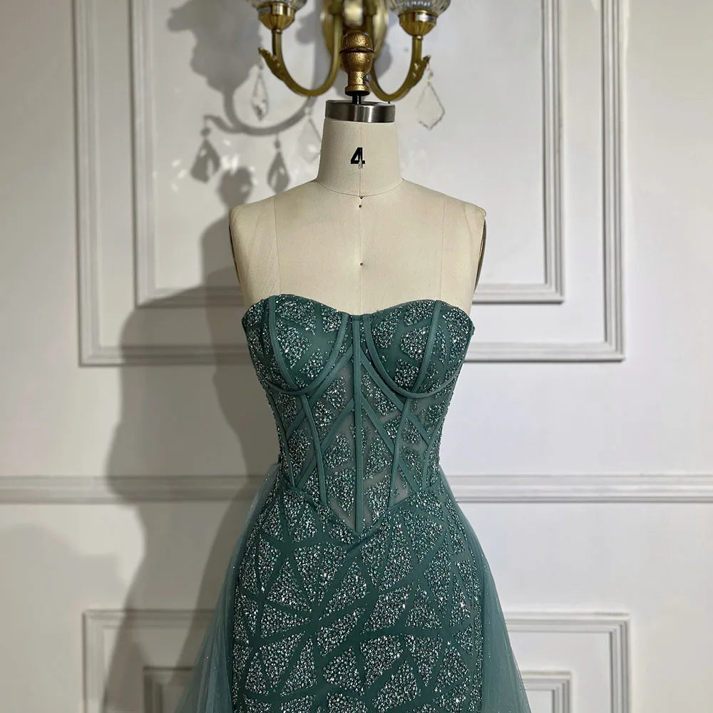 Serene Hill Arabic Turquoise High Split Mermaid Beaded Luxury Evening Gown for Women - Elegant Wedding Party Dress 2025 LA72610 | Perfect for Formal Events, Red Carpet & Special Occasions