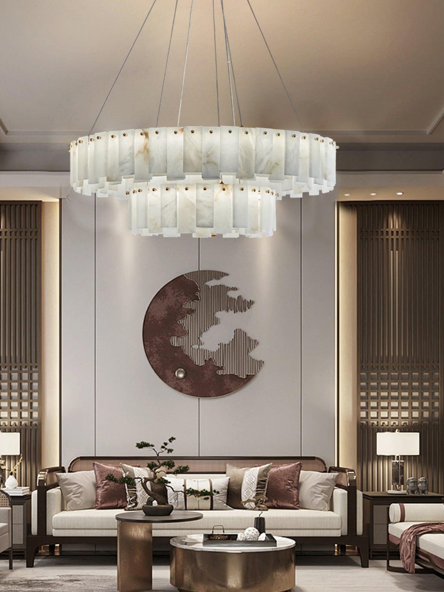 Celestial Alabaster Round Chandelier - Modern Crystal Ceiling Light Fixture for Dining Room, Bedroom & Living Room Decor | Elegant Lighting for Home & Wedding Venues