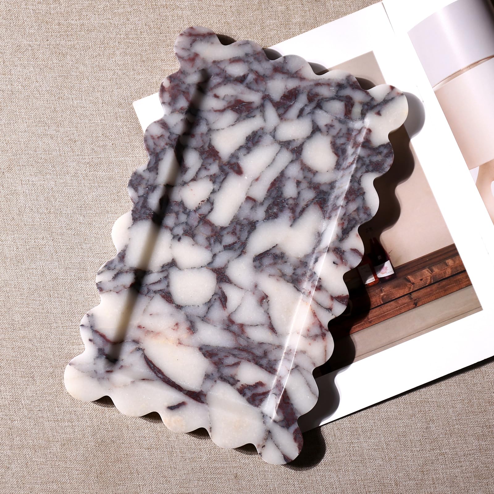 Luxury Scalloped Marble Vanity Tray - 100% Natural Stone Bathroom & Kitchen Organizer - Rectangle Storage Tray for Jewelry, Keys, Candles (11.8