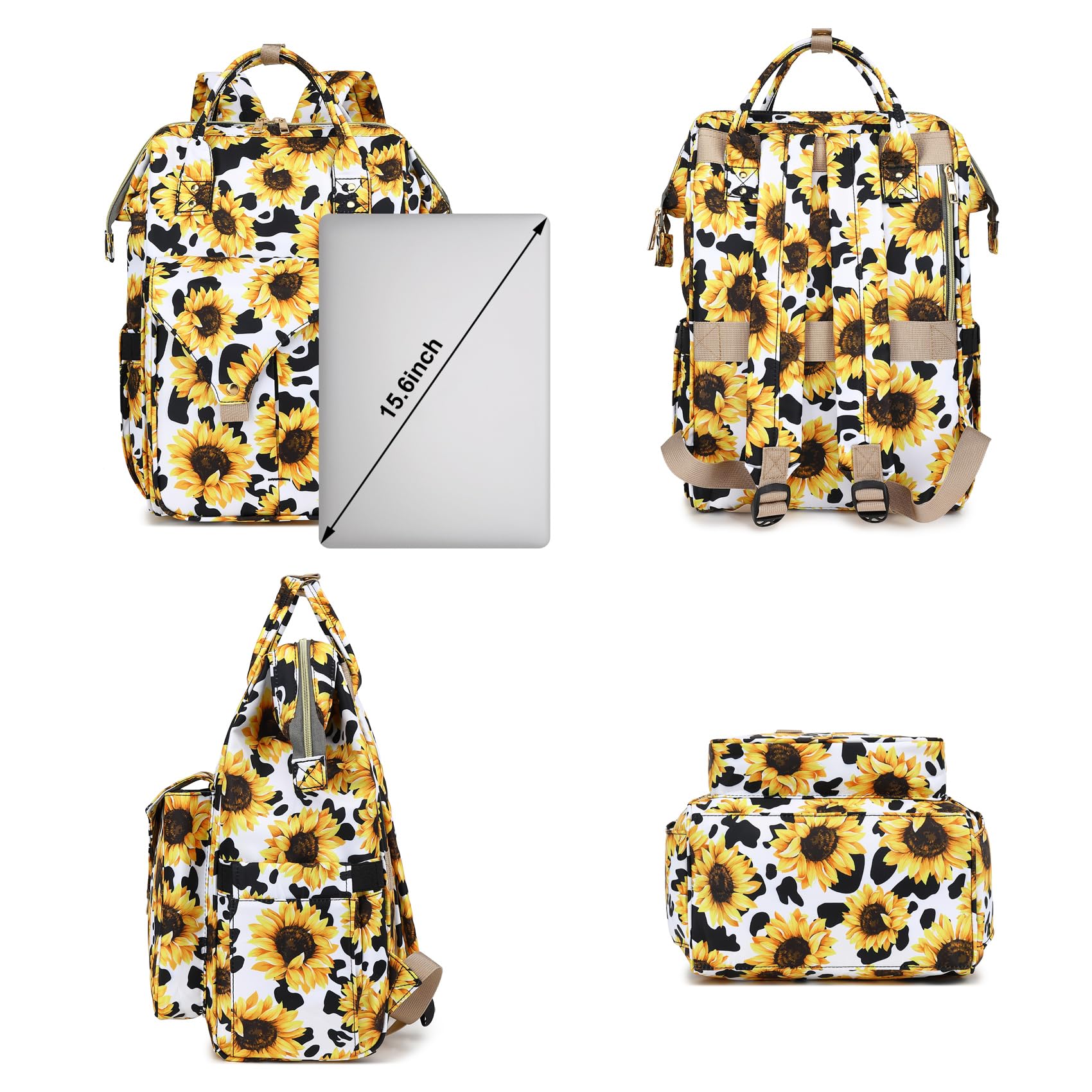 Stylish Sunflower Cow Print Laptop Backpack for Women - 15.6 Inch College School Bookbag, Nurse Backpack & Travel Daypack | Perfect for Work, School & Casual Outings