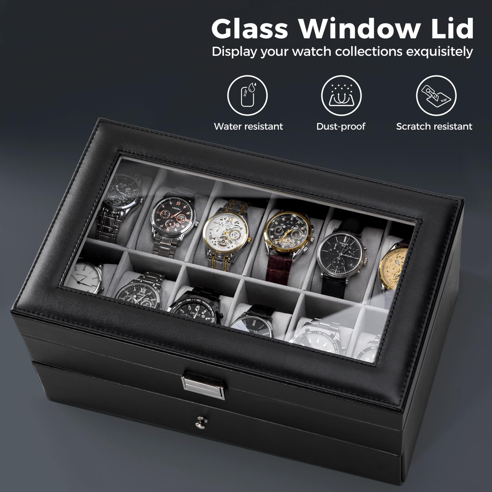 ProCase 12-Slot Watch Box for Men & Women - 2-Layer Watch Organizer with Glass Lid & Drawer - Premium Watch Display Case for Jewelry & Watch Storage - Perfect for Travel, Home Display & Gift Giving