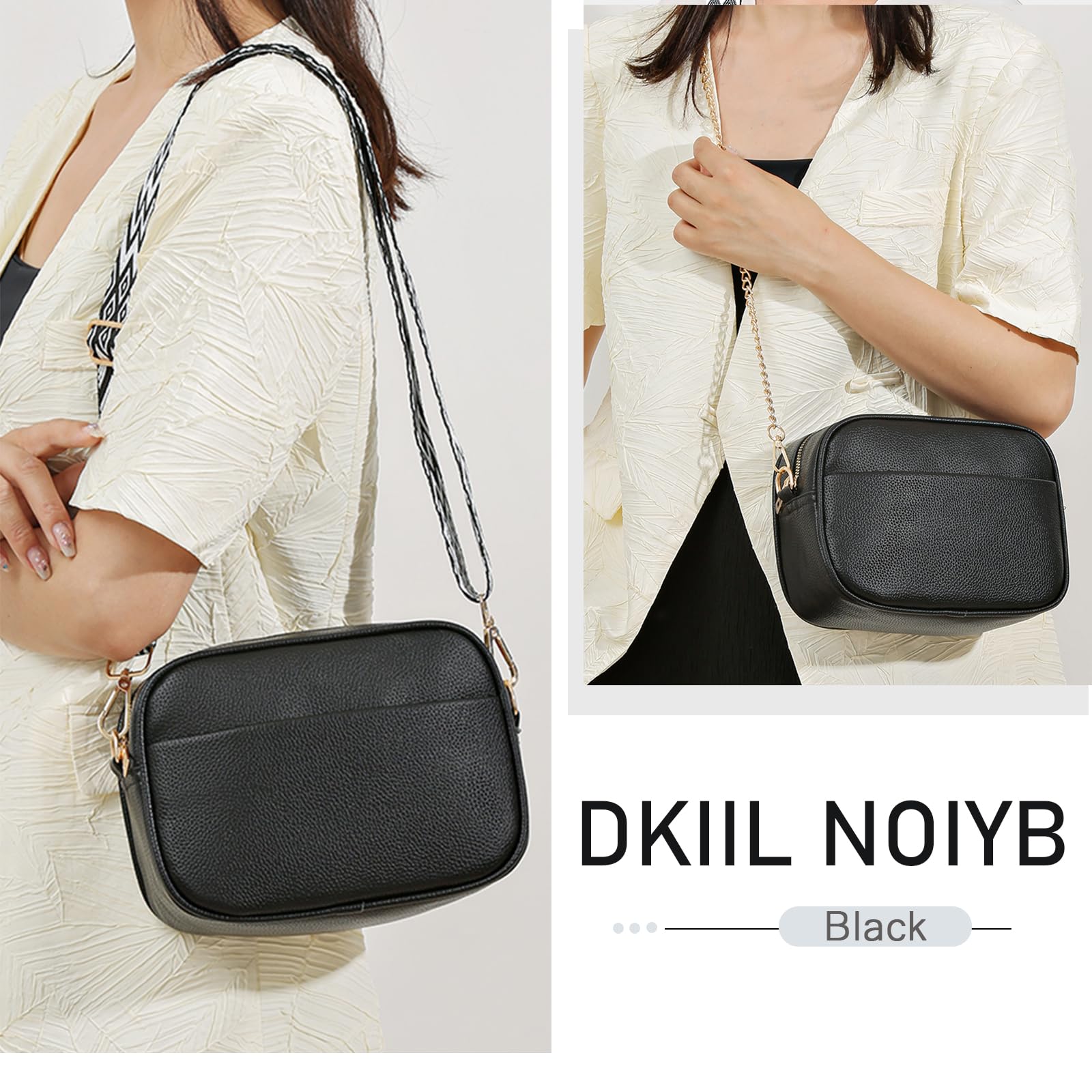 DKIIL NOIYB Women's Leather Crossbody Bag with Adjustable Wide & Chain Strap, Multiple Pockets Camera Bag (22cm) - Perfect for Travel, Work & Everyday Use