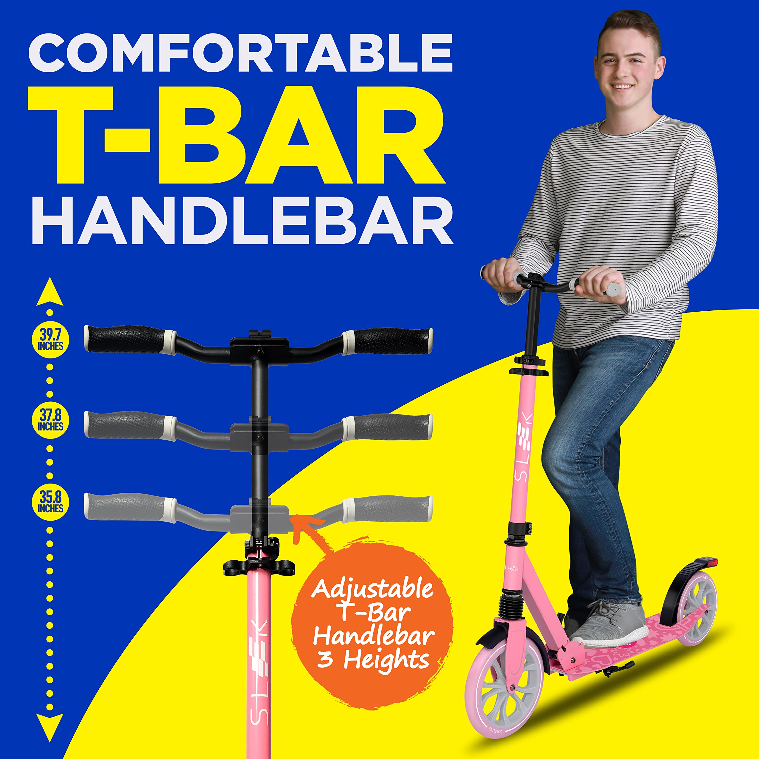SereneLife Adjustable Kick Scooter for Adults, Teens & Kids - 2-Wheel Folding Scooter with Anti-Slip Alloy Deck & T-Bar Handlebar - Portable Design with Carrying Strap - Perfect for Commuting, School, Park Rides & Outdoor Fun