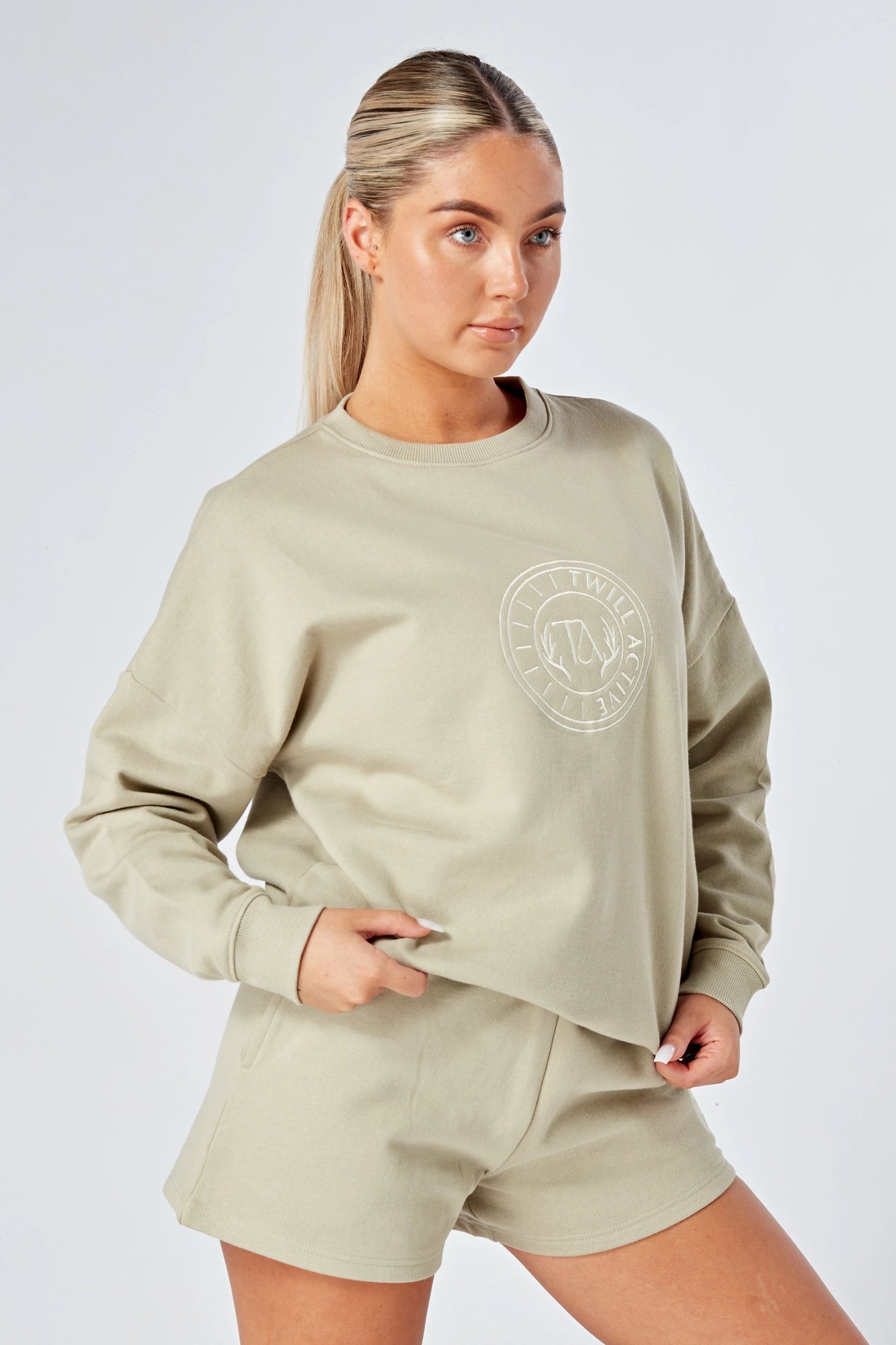 Oversized Twill Crewneck Sweatshirt for Women - Soft Stone Color | Cozy Loungewear & Casual Streetwear Outfit