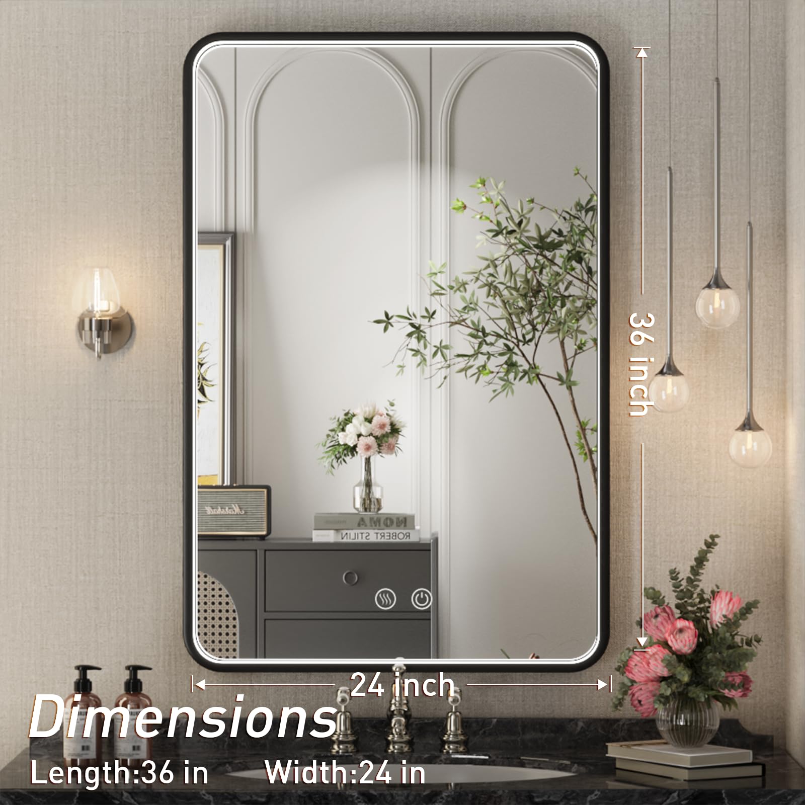 36x24 Inch LED Bathroom Mirror with Lights - Black Metal Frame Anti-Fog Vanity Mirror with Dimmable Lighting - Perfect for Makeup, Shaving & Home Decor (Wall Mounted)