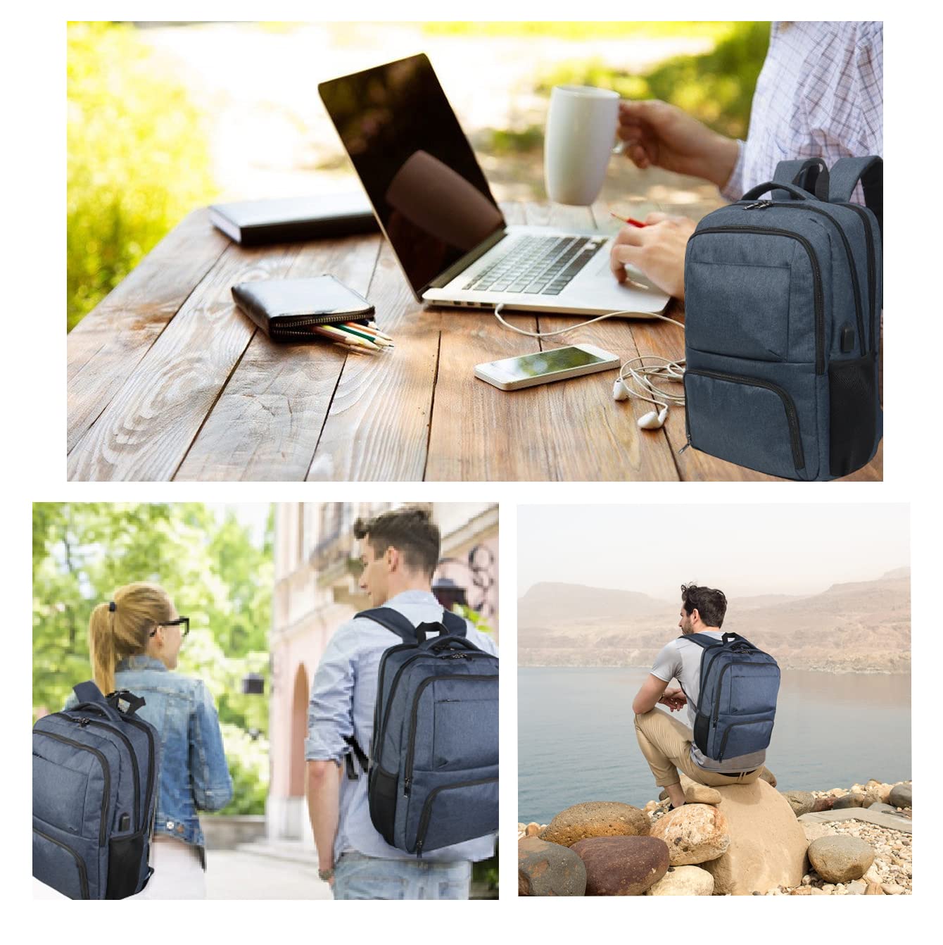 17 Inch Laptop Backpack for Business Travel - USB Charging Port & Anti-Theft Pocket - Navy Blue - Perfect for Work, College & Daily Commute