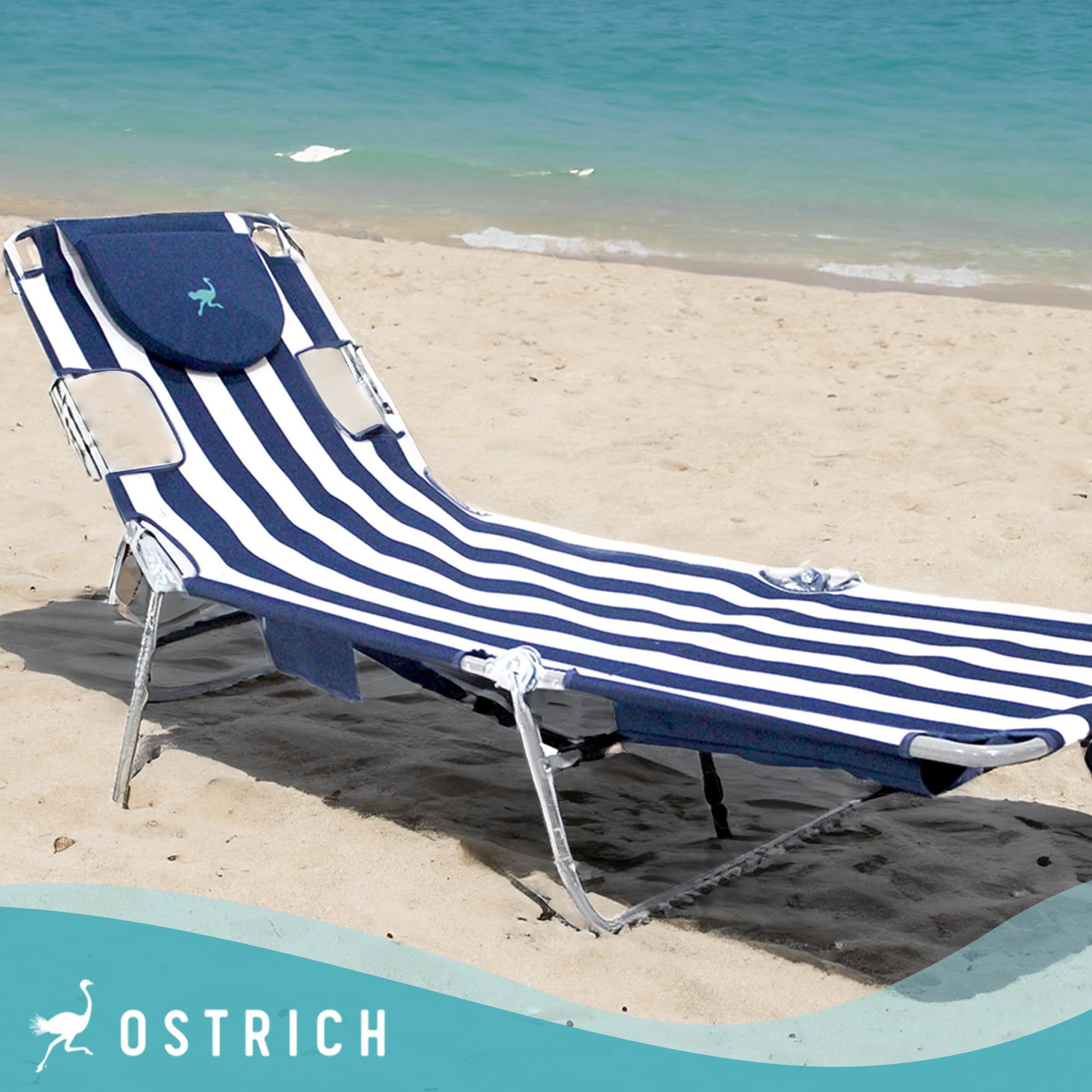 Adjustable Ostrich Backpack Folding Lounge Chair - 4 Position Recliner with Carrying Straps, Side Pocket & Storage Bag - Navy Stripe (2 Pack) - Perfect for Camping, Beach, Picnics & Outdoor Relaxation