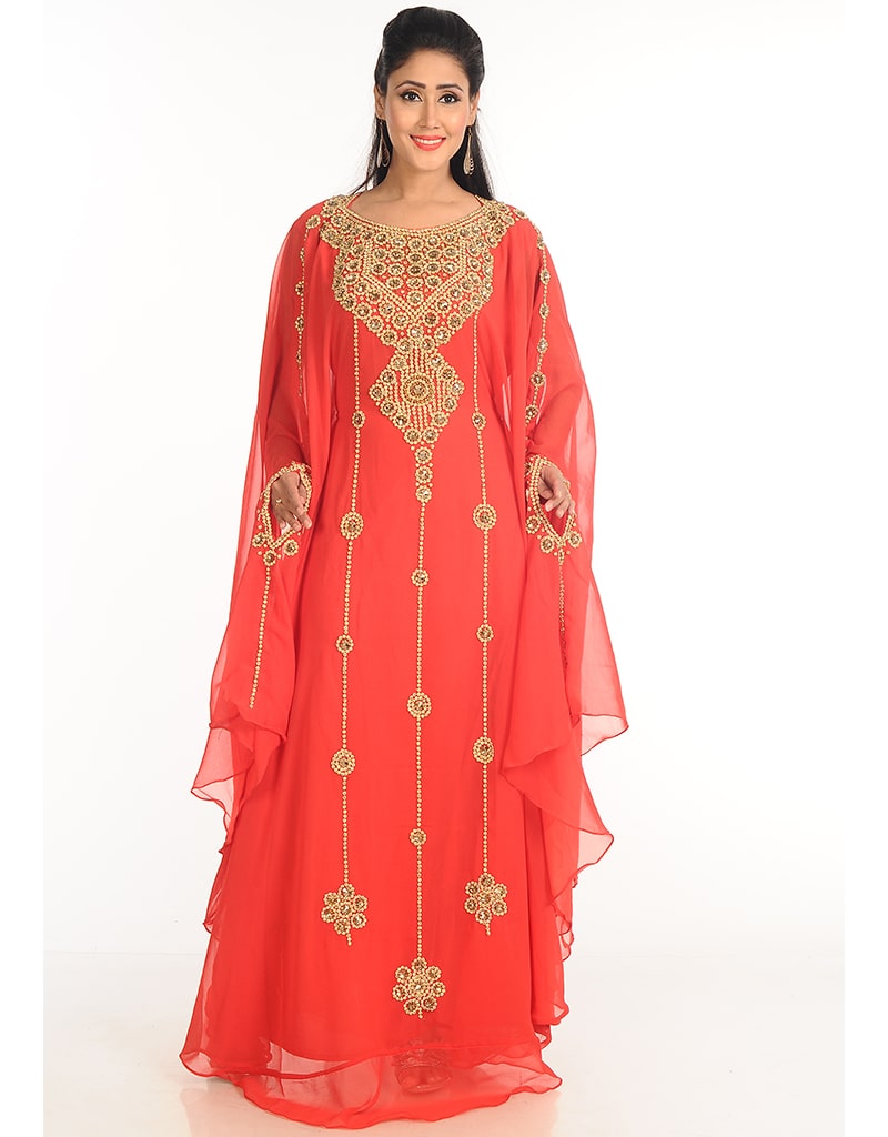 Arabic Peach Georgette Hand Zari Embroidered Farasha Dress - Elegant Traditional Attire for Weddings, Parties & Special Occasions