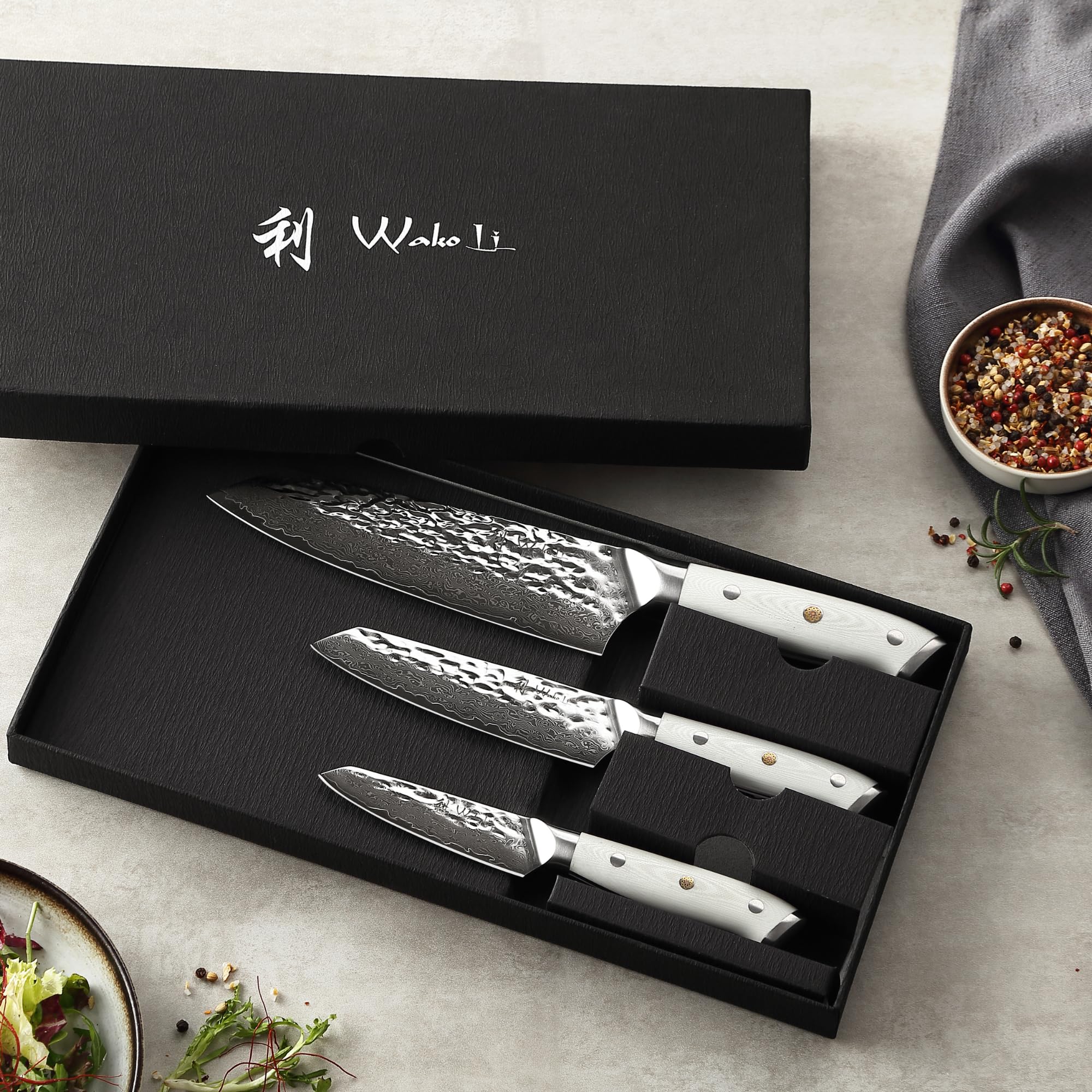 Wakoli 3-Piece Damascus Steel Chef Knife Set - 67-Layer VG10 Core Professional Kitchen Knives with Ergonomic G10 Handles, Gift Box Included (Pearl Blanche) - Perfect for Home Chefs, Cooking Enthusiasts & Gourmet Food Preparation