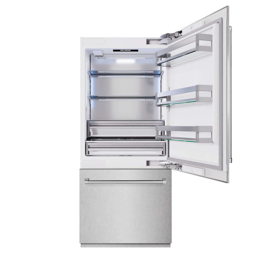 ZLINE 36 Inch 19.8 Cubic Feet Built-In Bottom Freezer Refrigerator with Water Dispenser & Ice Maker - Satin Stainless Steel (RBIT SN 36) | Perfect for Modern Kitchens & Open Concept Homes