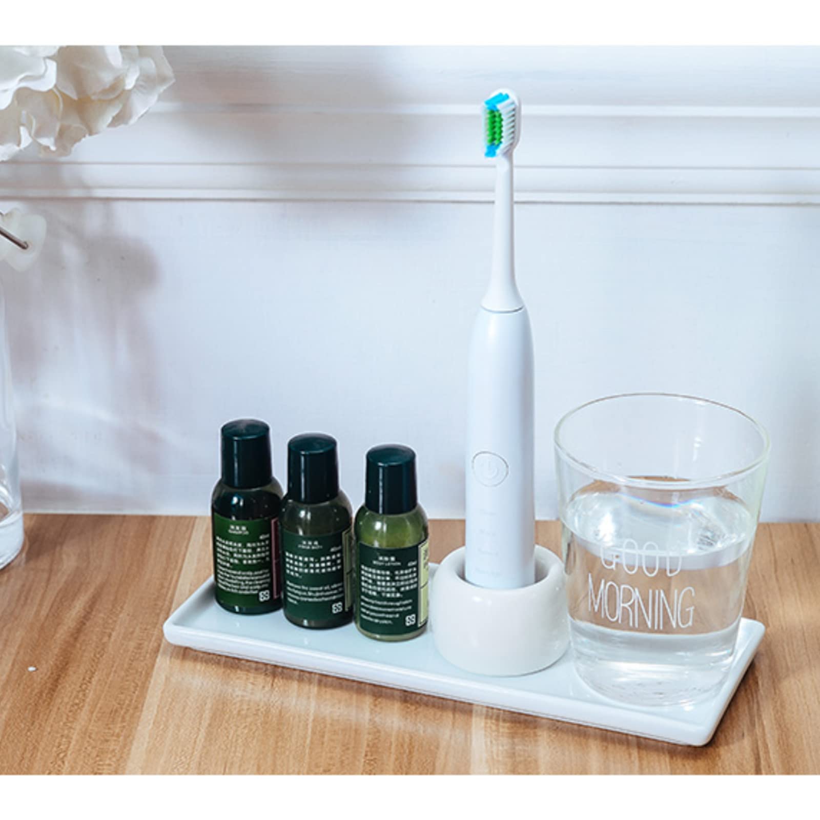 Ceramic Toothbrush Holder for Bathroom - Large Countertop Organizer with Toothpaste & Dental Floss Storage - Perfect for Vanity, Makeup Brushes & Dental Care Essentials (White) - Ideal for Bathroom Counter, Sink Area & Home Organization