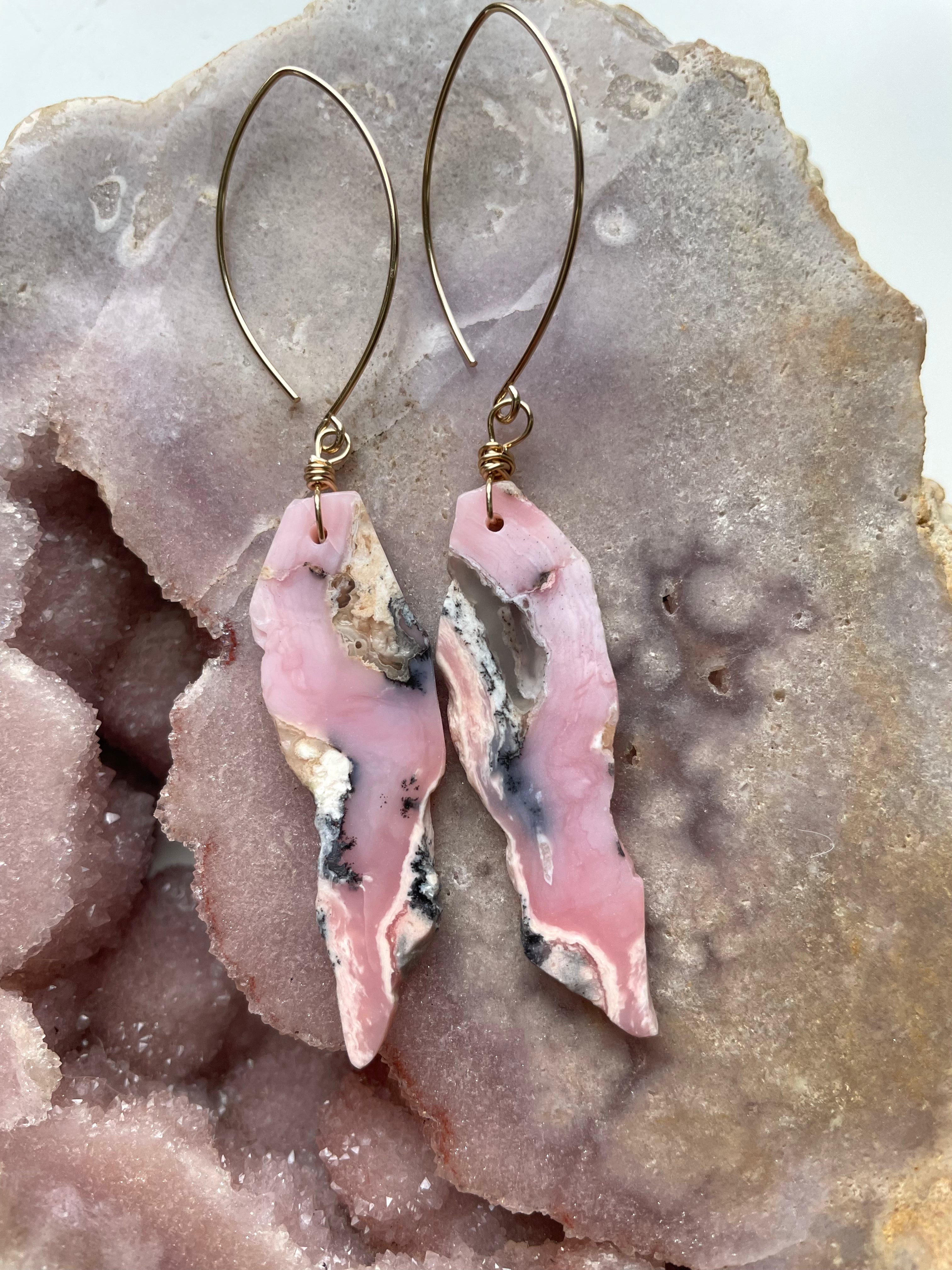 Pink Opal Gold Filled Statement Crystal Gemstone Earrings for Women | Elegant Dangle Drop Earrings for Party, Wedding & Special Occasions
