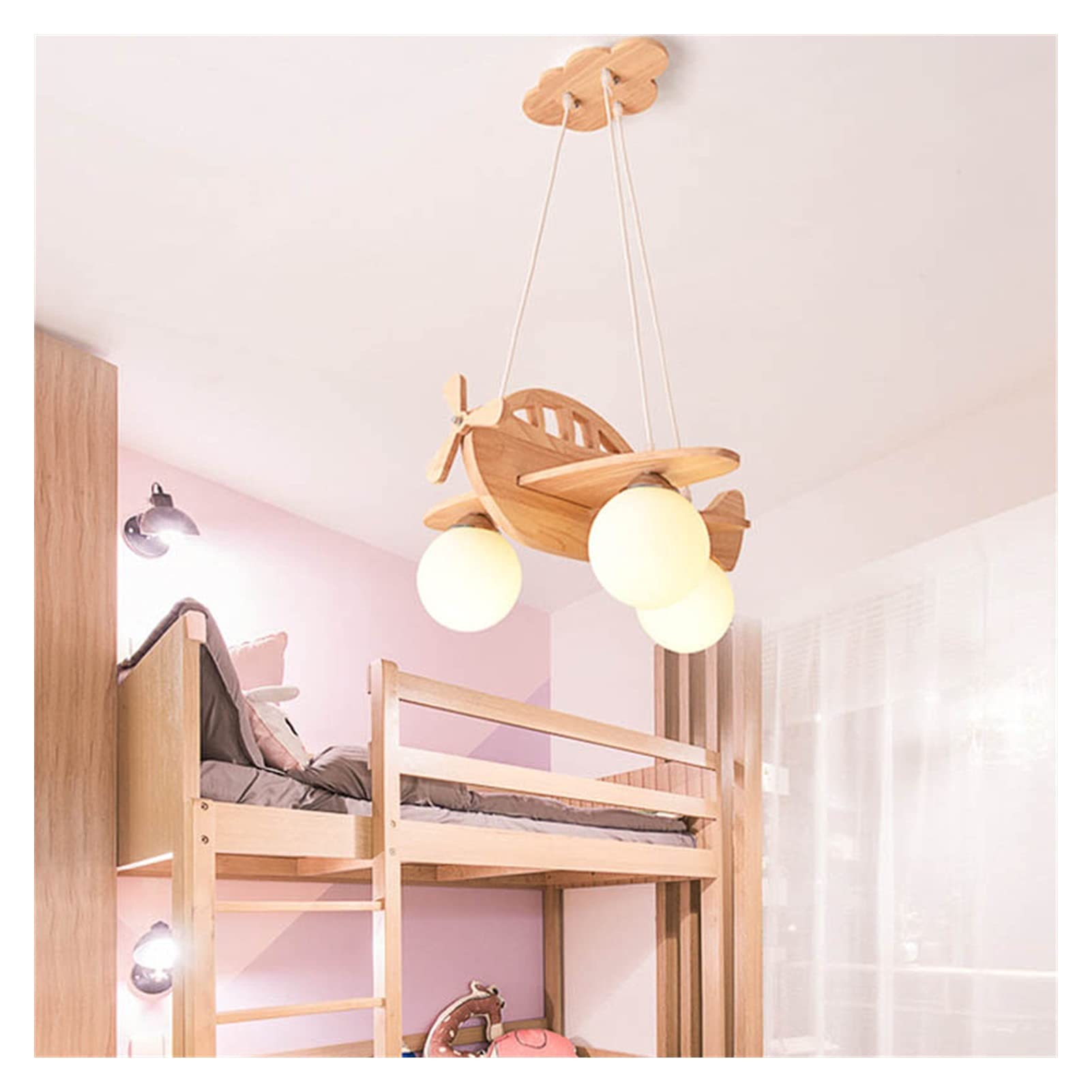 Modern LED Chandelier - Wooden Airplane Kids Room Ceiling Light, Japanese Nordic Style Hanging Pendant Lamp for Bedroom, Nursery & Playroom Decor