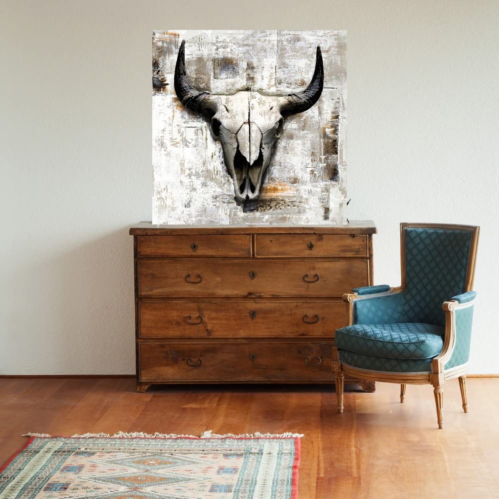 Fine Art Canvas White Cowskull Wall Decor by Artist Incado - 22x22 Inches Ready to Hang - Modern Western Home Decor for Living Room, Bedroom, Office & More - Perfect for Southwestern & Ranch Style Interiors