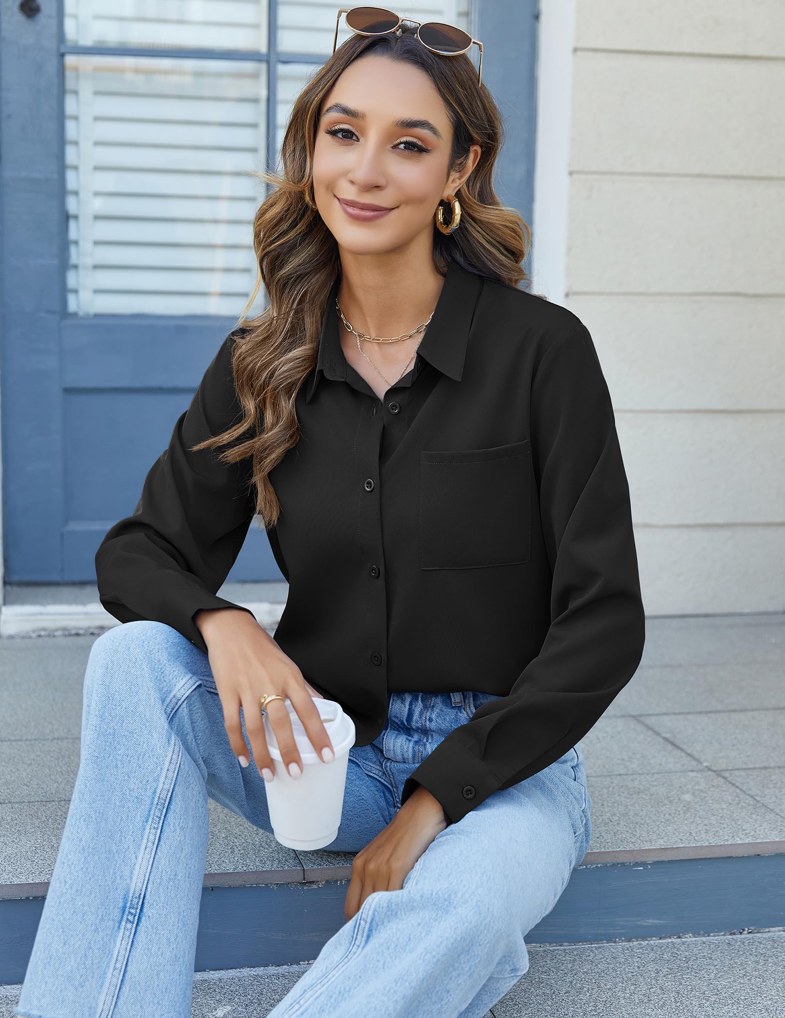 Hotouch Women's Long Sleeve Button Down Shirt - V Neck Collared Office Blouse with Pocket for Work, Casual & Business Attire | Perfect for Office, Meetings & Professional Events