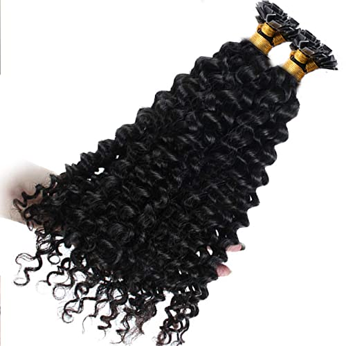 Long Kinky Curly Flat Tip Human Hair Extensions - 100 Strands Keratin Pre-Bonded Fusion Hair in Natural Jet Black (26 Inch) for Stunning Hairstyles & Volume Boost - Perfect for Weddings, Parties & Daily Wear