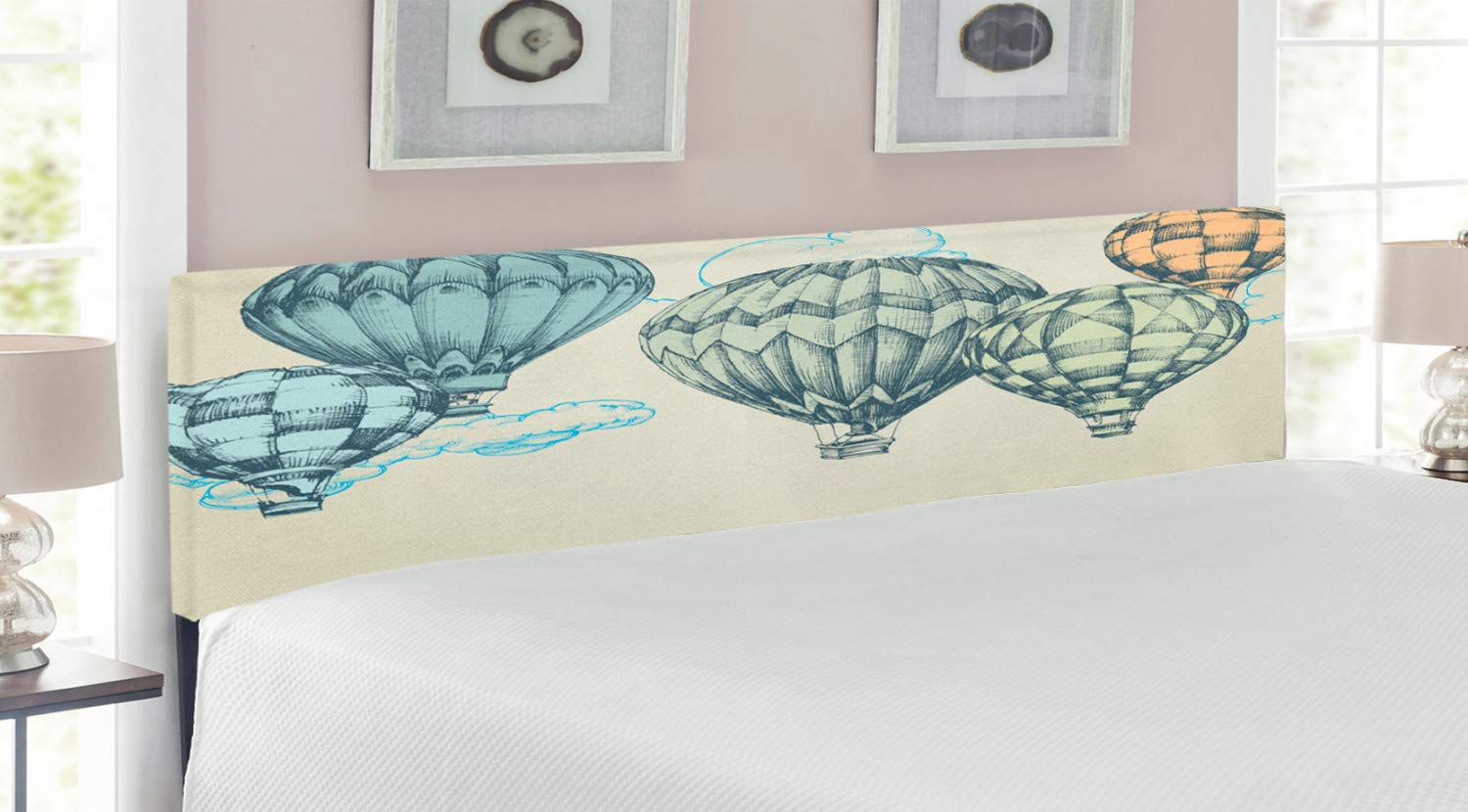 Ambesonne Vintage Upholstered Headboard - Hot Air Balloons Sky Design, King Size, Green Blue, Memory Foam Support | Perfect for Bedroom Decor, Guest Rooms & Cozy Home Styling