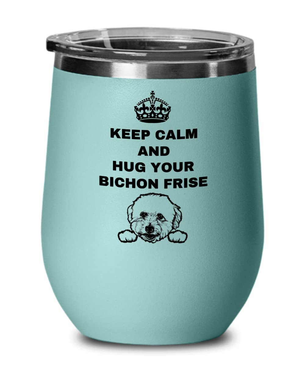 Keep Calm Hug Your Bichon Frise Wine Glass - 12oz Vacuum Insulated Stemless Wine Cup with Lid - Perfect Dog Lover Gift for Birthday, Christmas & Special Occasions - Ideal for Home Parties, Wine Tastings & Pet-Themed Gatherings