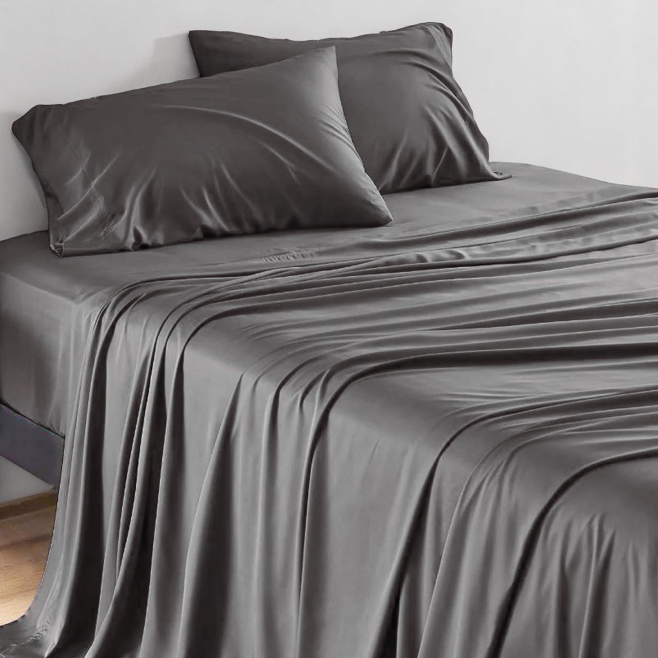 Sleepgram Viscose Fiber Queen Size Sheet Set - 4 Piece Bedding with Flat Sheet, Fitted Sheet & 2 Pillowcases - Breathable & Soft for Comfortable Sleep - Grey Stone - Perfect for Master Bedroom, Guest Room & Vacation Homes