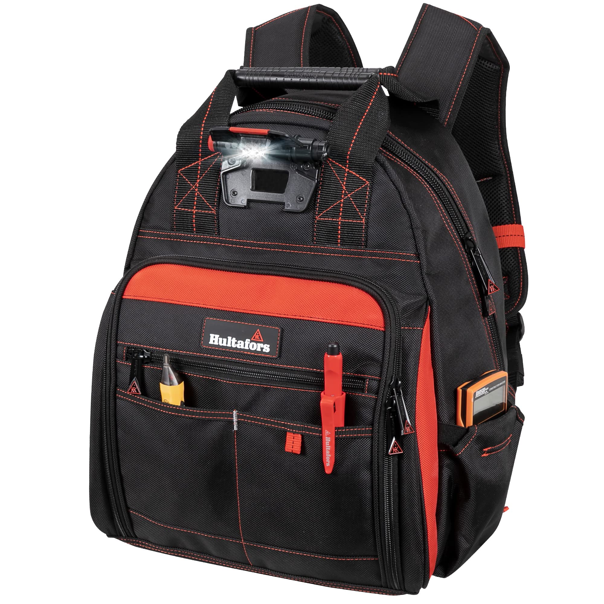 Hultafors HTL523 Heavy Duty Lighted Tool Backpack - 50 Pockets, Ballistic Polyester Construction, Adjustable Swivel Light & Power Tool Strap - Perfect for Electricians, Construction Workers & DIY Projects (Black) - Includes Tablet/Laptop Compartment for On-Site Tech Use