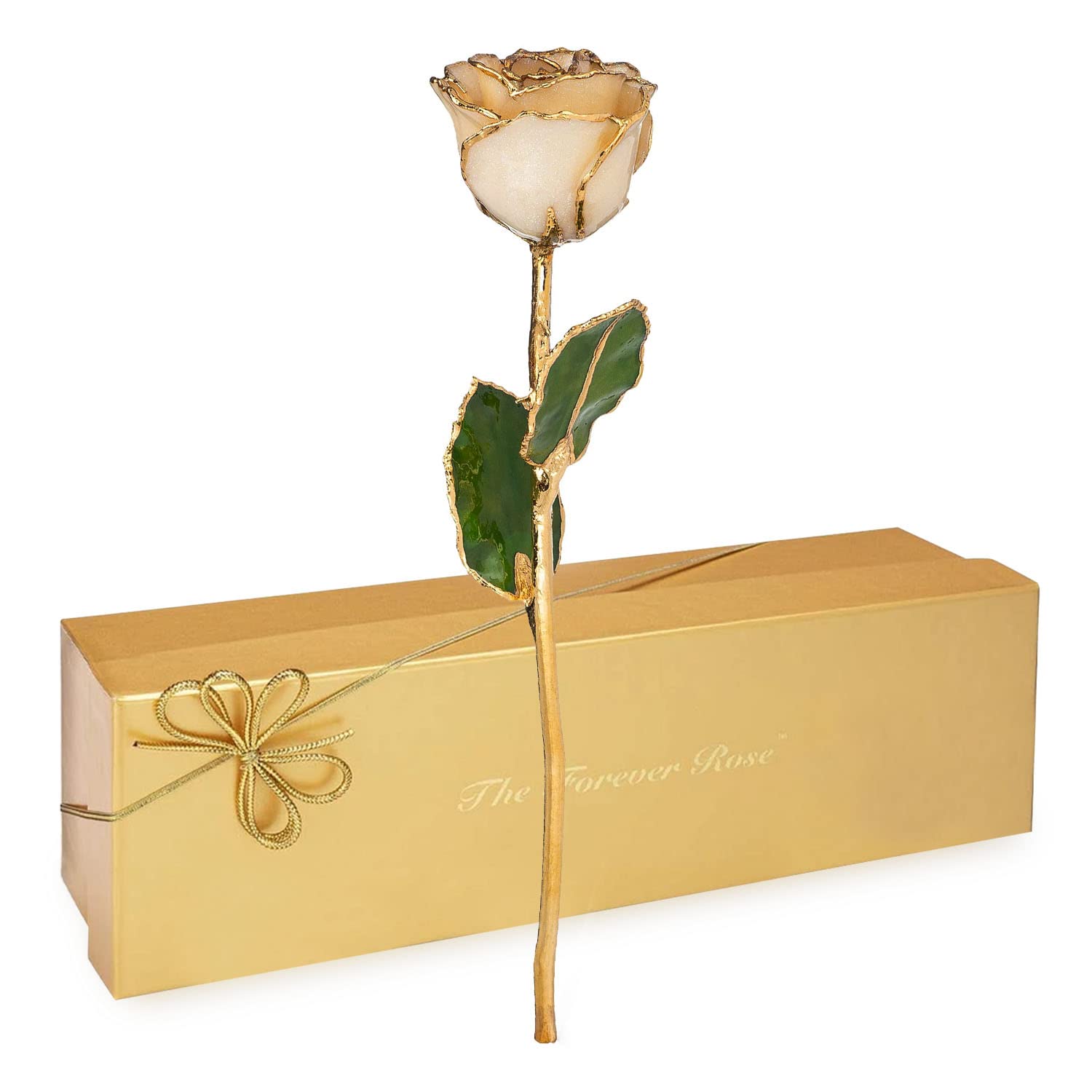24K Gold Dipped Real White Rose with Diamond - April Birthstone Gift, 11-12