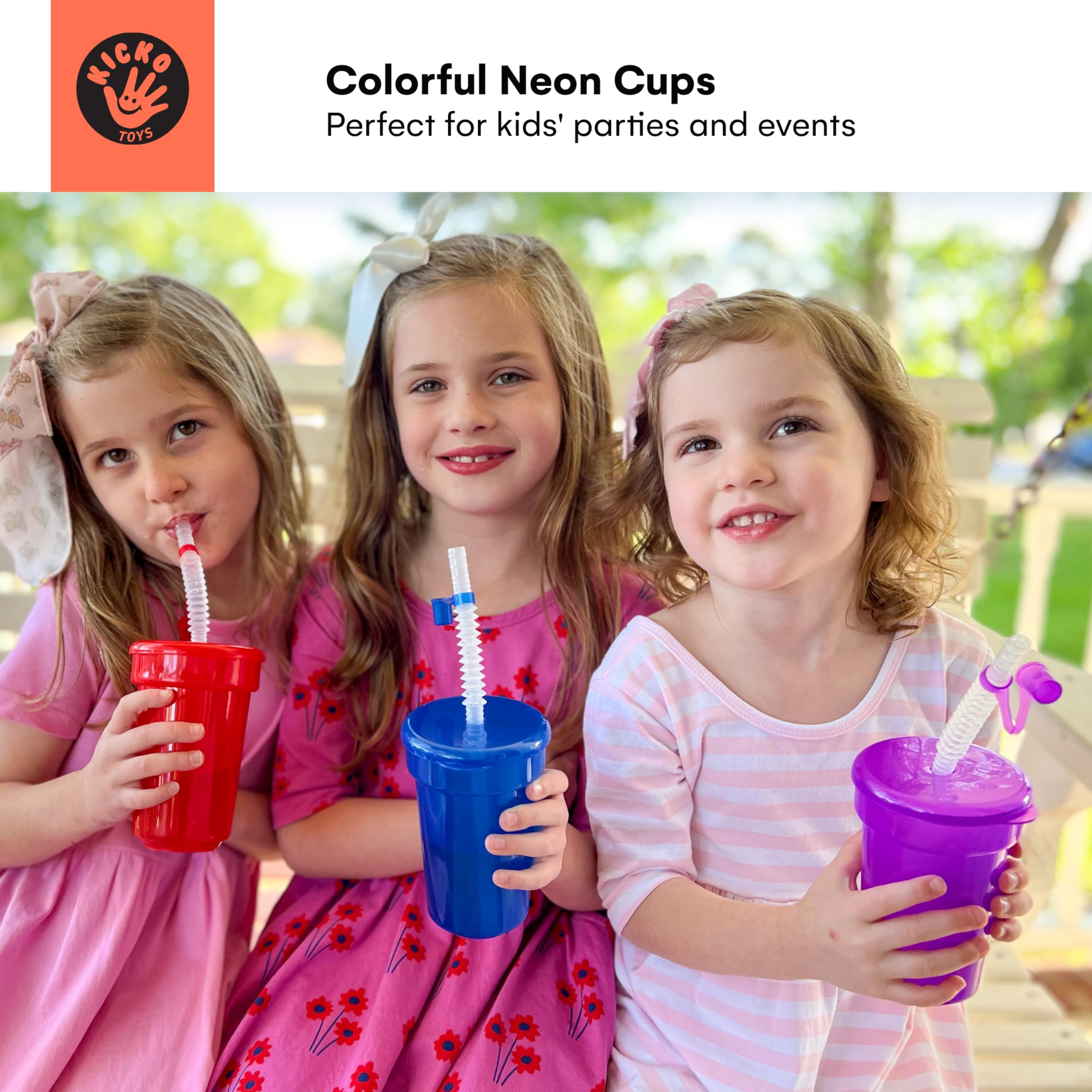 Kicko Neon Sipper Cups - 12 Pack, 5.5 Inch 12 Oz Colorful Plastic Cups with Lids & Straws for Kids - Perfect for Birthday Parties, School Events, Poolside Drinks, and Summer Celebrations