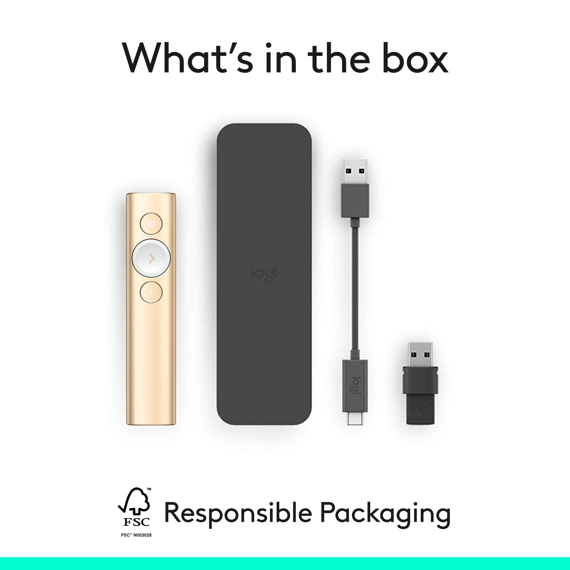 Logitech Spotlight Wireless Presentation Remote with Laser Pointer - Bluetooth Clicker for PowerPoint, Keynote, Google Slides - Advanced Digital Highlighting, 30m Range, Fast Charging - Perfect for Business Meetings, Classroom Teaching & Online Presentations (Gold)