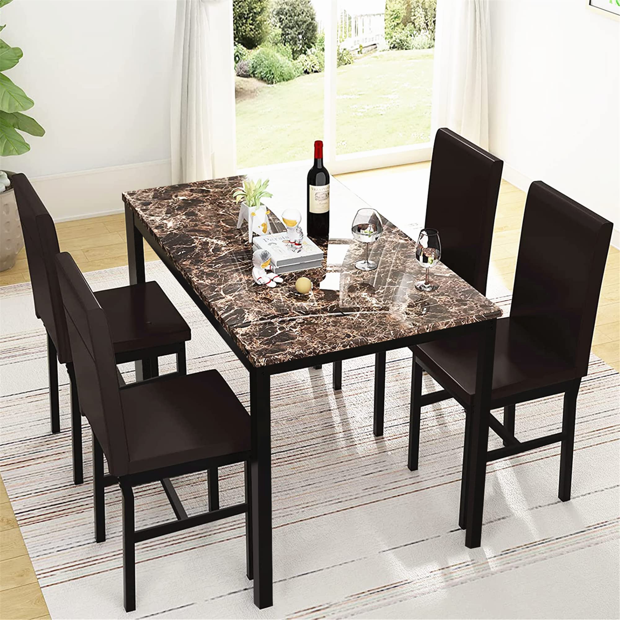 Recaceik 5-Piece Faux Marble Dining Table Set - Modern Kitchen Table with Marble-Look Tabletop & 4 PU Leather Chairs, Compact Dining Room Set for Small Spaces | Perfect for Breakfast Nooks, Apartment Dining, and Cozy Kitchen Gatherings