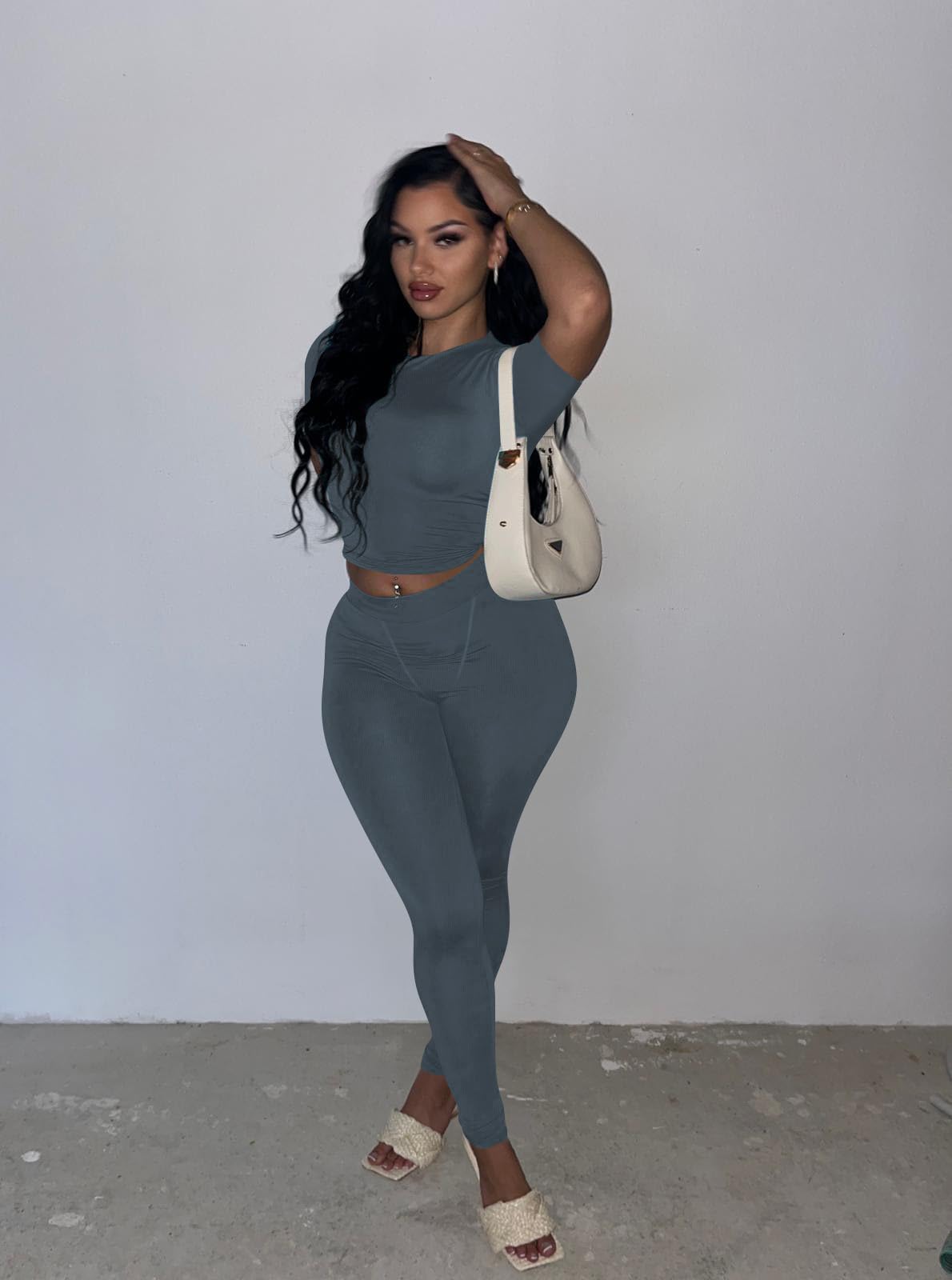 Women's 2-Piece Ribbed Workout Set - Sexy Cropped Top & High-Waisted Yoga Pants | Gym, Lounge & Yoga Outfit | Perfect for Workouts, Running & Casual Wear