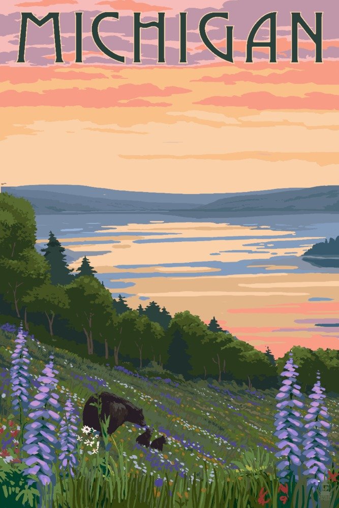 Michigan Lake and Bear Family Metal Wall Art - 16x24 Gallery Quality Aluminum Decor for Home & Cabin - Perfect for Living Room, Bedroom, or Rustic Cabin Decor