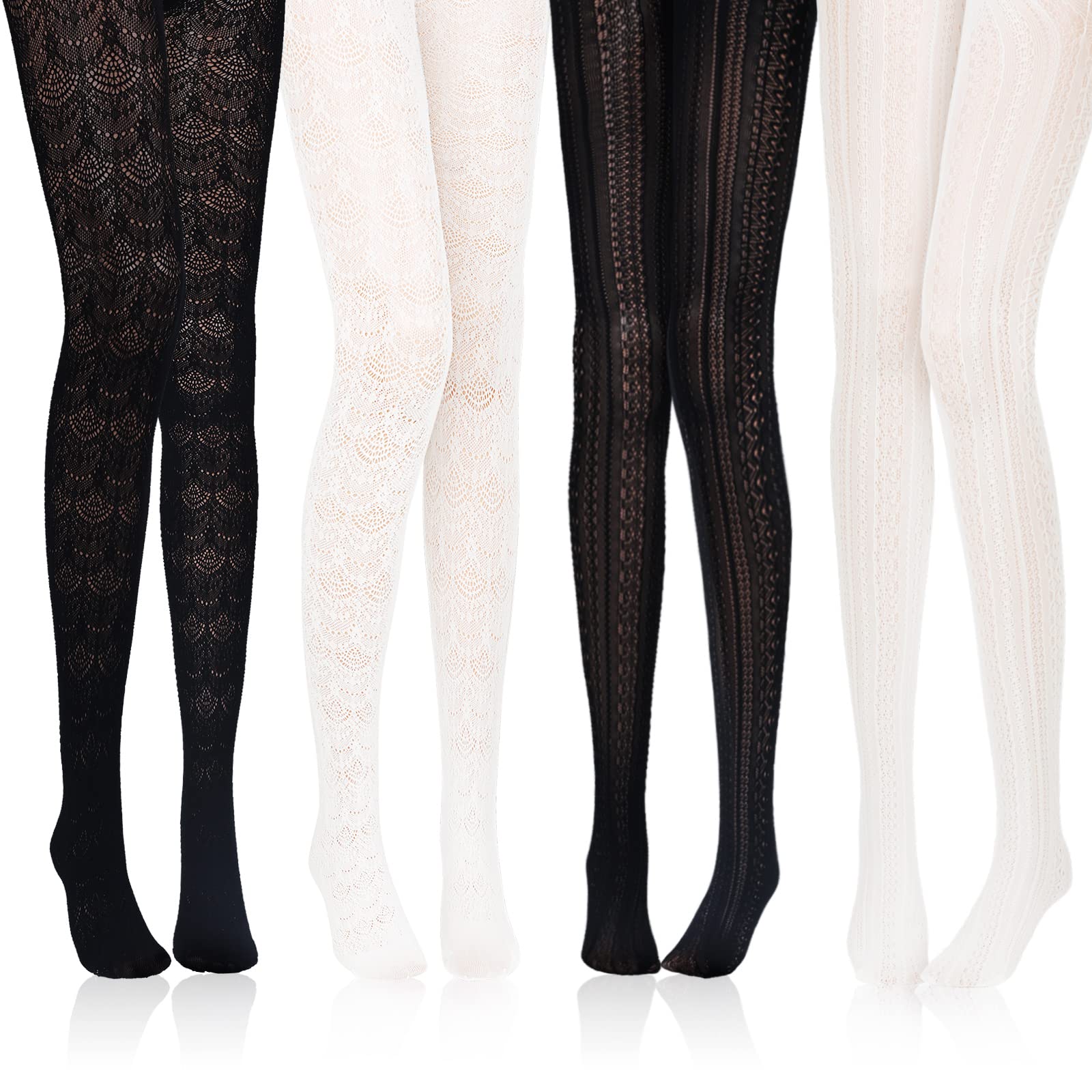 Zhanmai 4 Pairs Women's Knitted Lace Tights - Fishnet Warm Pantyhose with Black & White Vertical Stripes, Hollow Out Design for Elegant Style (One Size) | Perfect for Skirts, Dresses & Winter Fashion