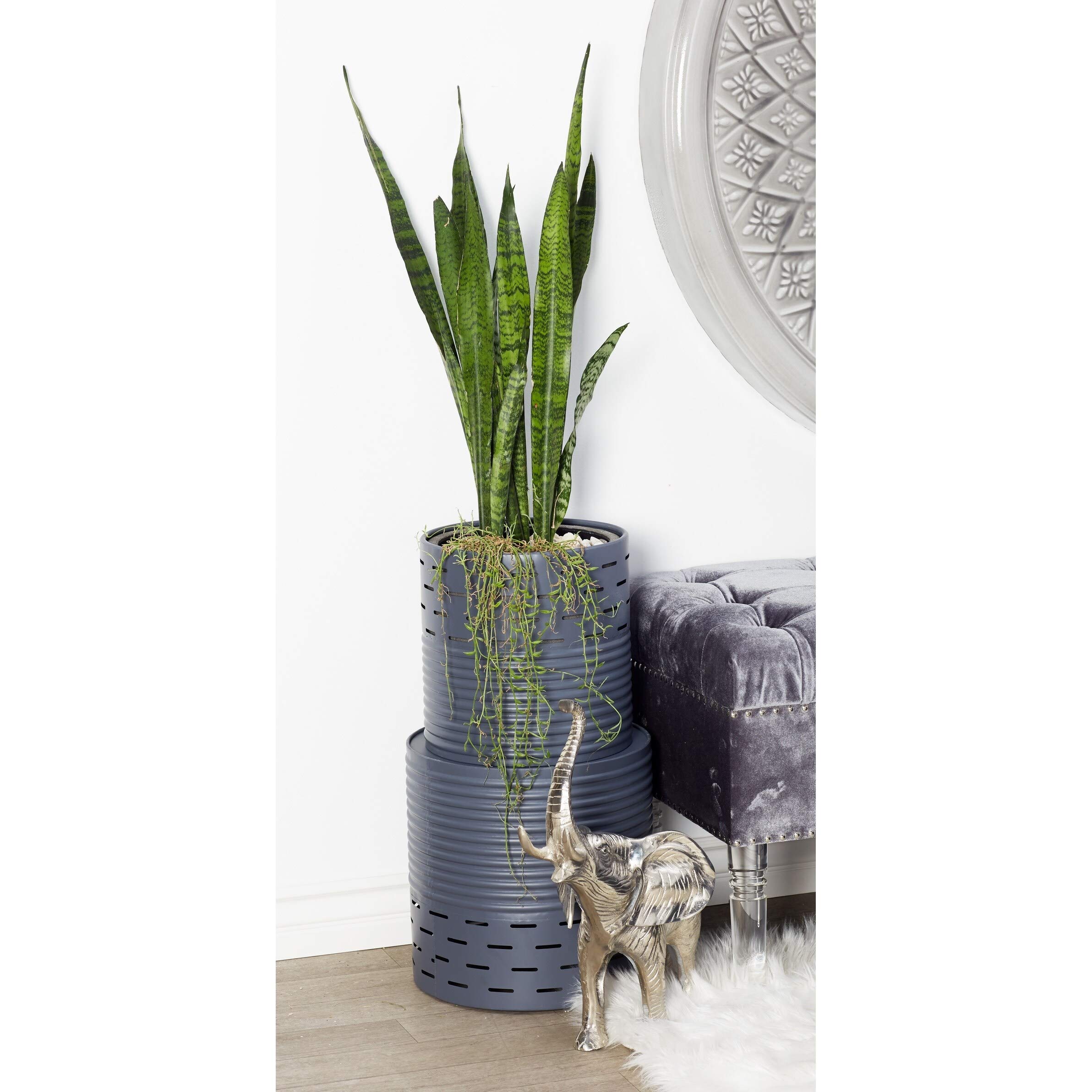 Set of 2 Modern Black Cylindrical Pierced Iron Planters - Contemporary Blue Indoor/Outdoor Flower Pots for Home Decor, Patio & Garden