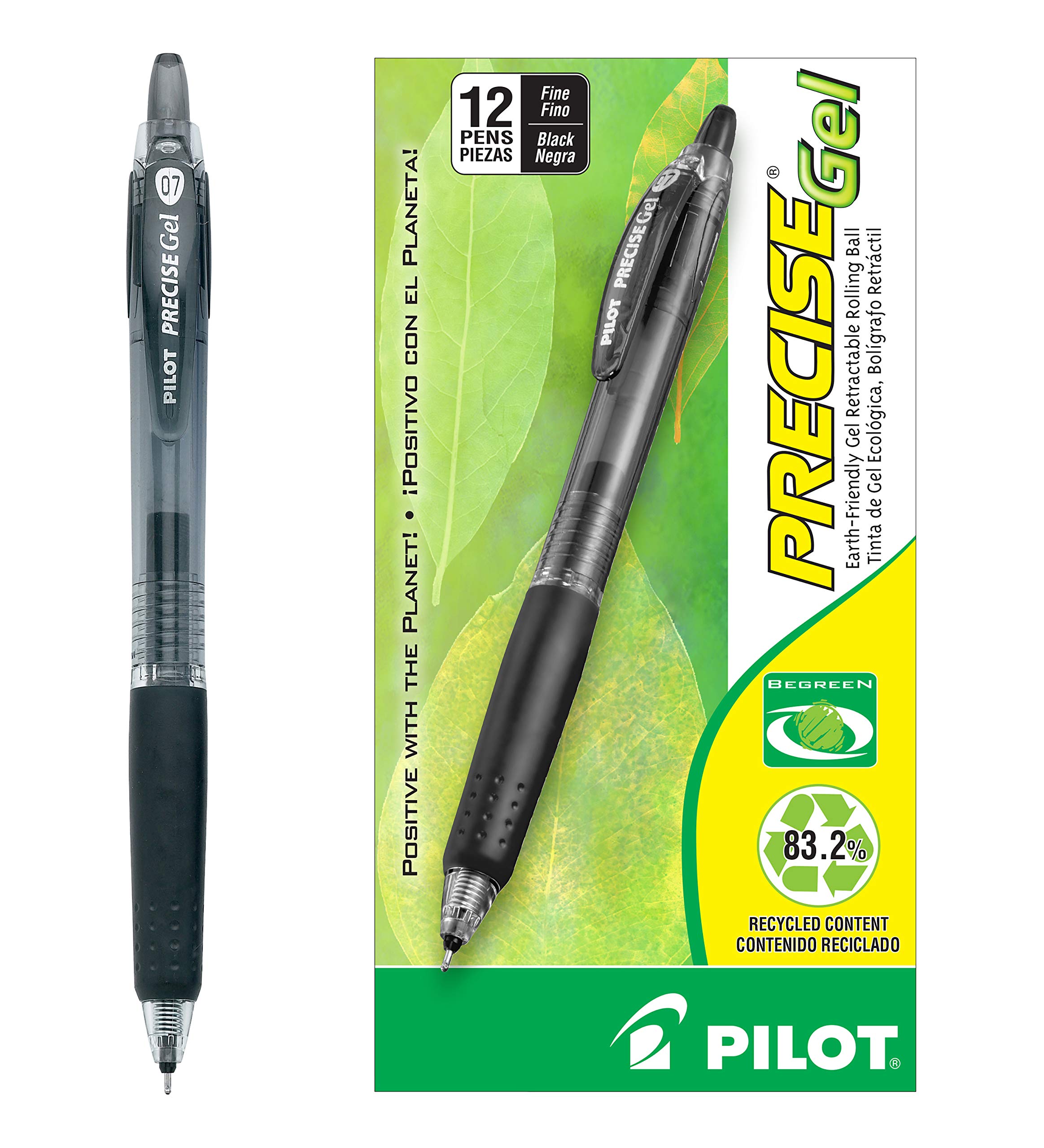 Pilot Precise BeGreen Refillable Retractable Gel Pens - 0.7mm Fine Point Black Ink - 12 Pack for Office, School & Eco-Friendly Writing