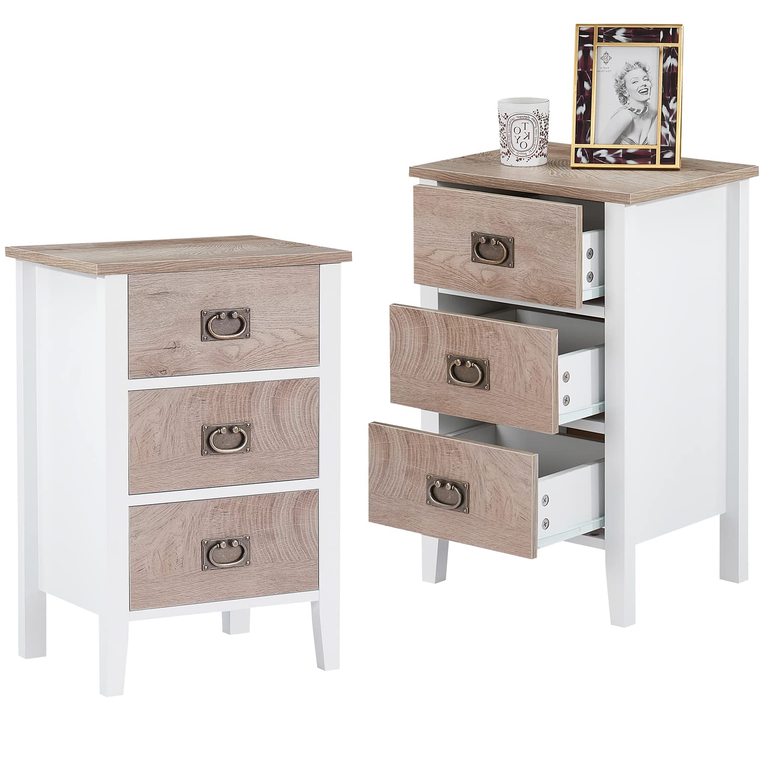 VECELO 3-Drawer Nightstand End Table - Vintage Small Space Bedside Cabinet with Solid Wood Legs for Bedroom & Living Room - White & Oak Finish - Perfect for Storage & Home Decor