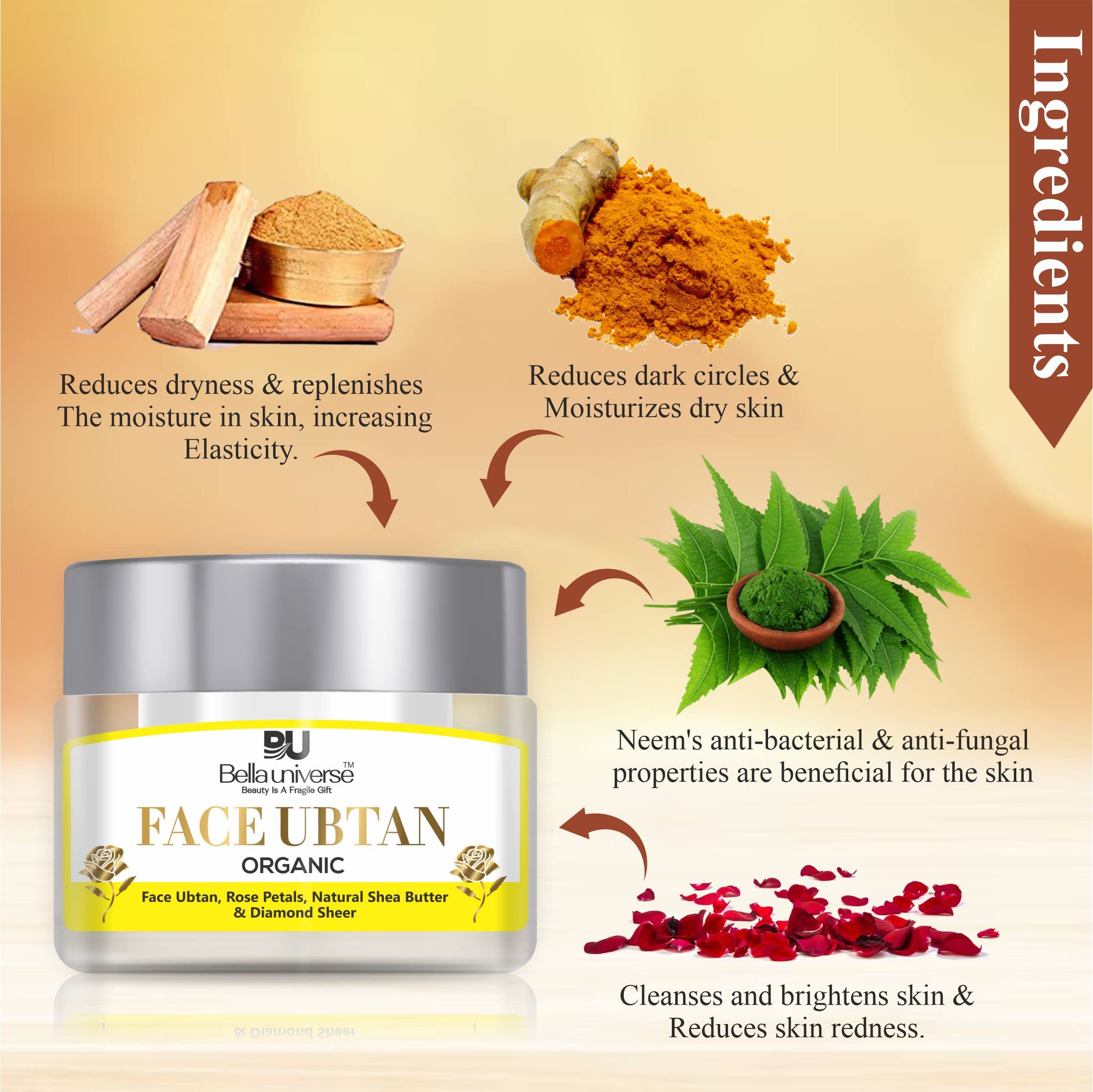 Bella Universe Ubtan Powder with Turmeric, Saffron, Rose Petal & Orange Peel - Natural Face Mask for Hyperpigmentation, Dark Spots & Radiant Skin | 100g | Perfect for Daily Glow Routine & Ayurvedic Skincare