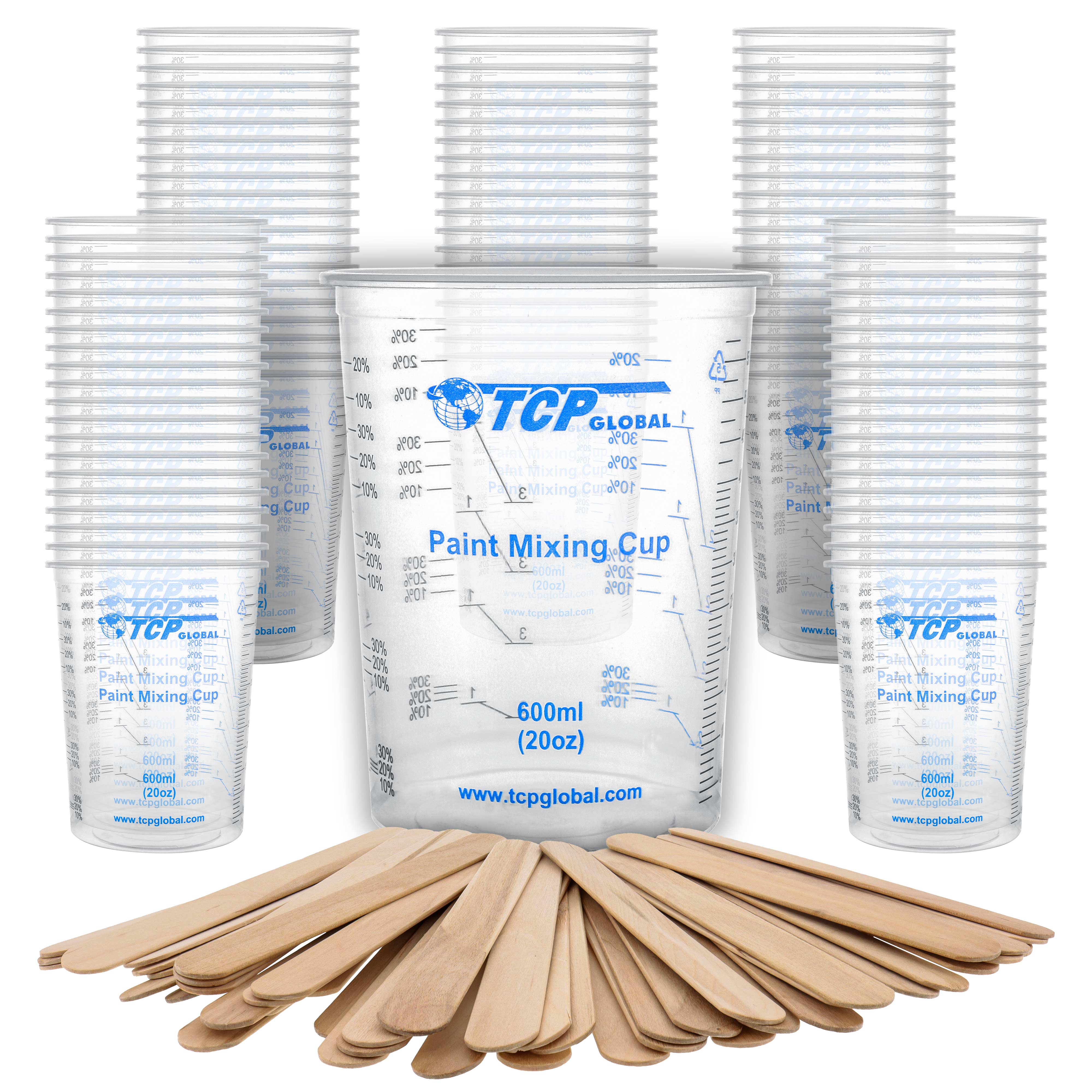 TCP Global 20oz (600ml) Disposable Plastic Mixing Cups - Pack of 100 Cups & 50 Sticks - Clear Graduated Measuring Cups for Paint, Epoxy Resin, Glue - Perfect for DIY Crafts, Art Projects & Home Repairs