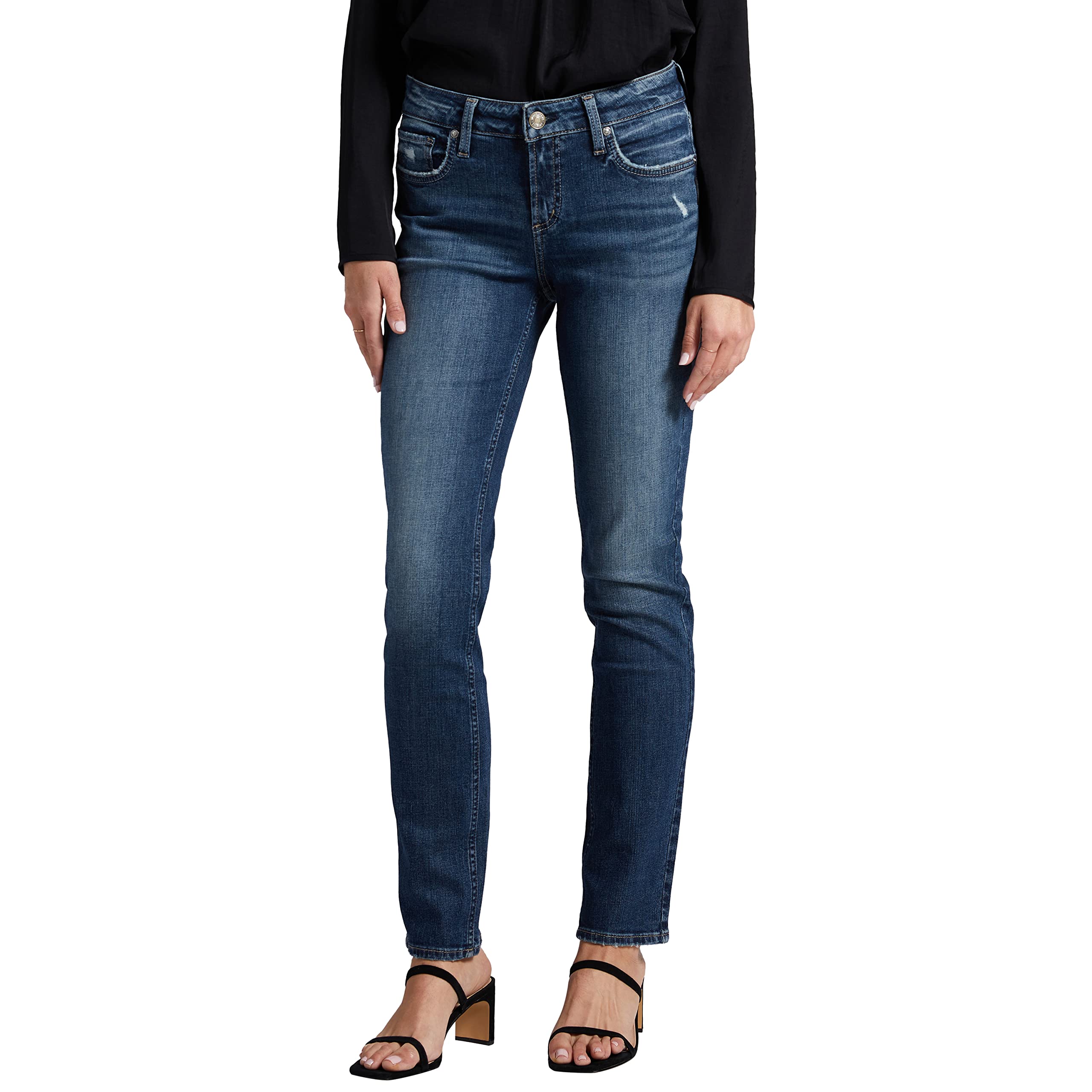 Silver Jeans Co. Women's Elyse Mid Rise Straight Leg Jeans - Classic Comfort Denim Pants for Casual Wear & Everyday Outfits