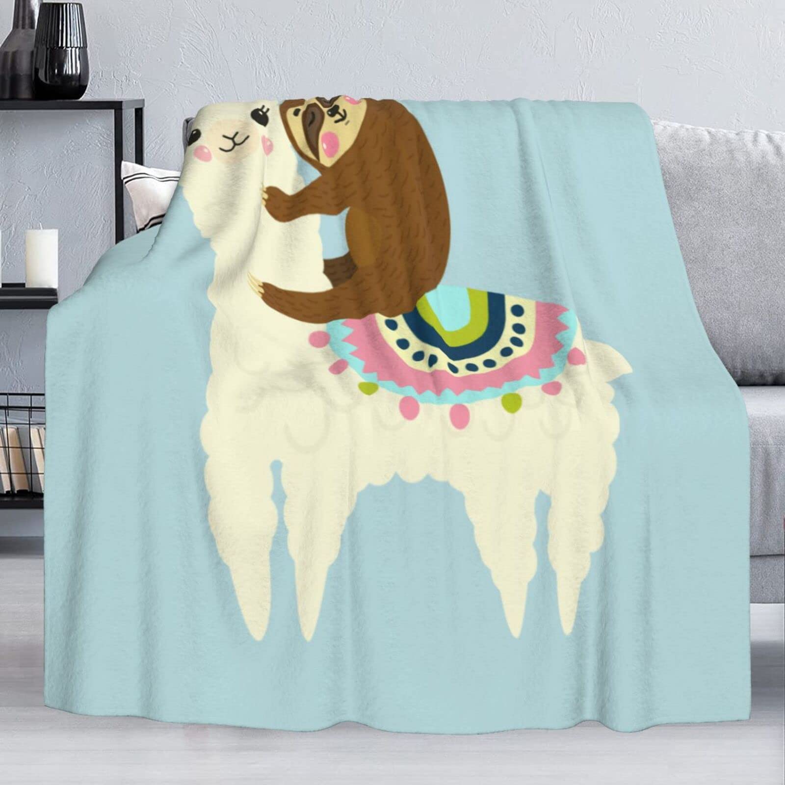**Delerain Flannel Blanket - Cute Cartoon Llama & Sloth Design - Lightweight, Cozy & Soft Throw Blanket for Bed, Couch, Sofa - All-Season Use - 60