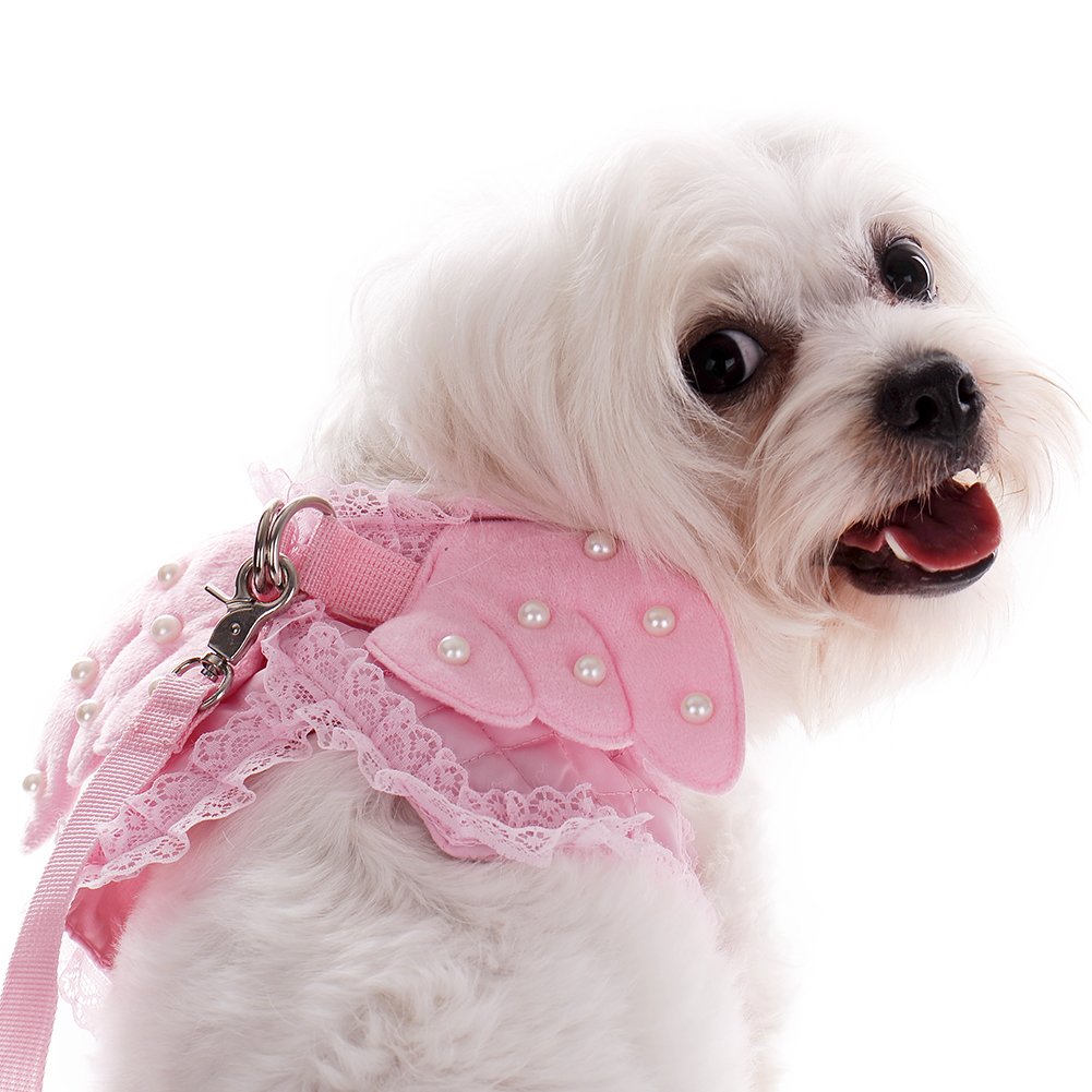 Small Pet Cat Dog Harness and Leash Set - Breathable Mesh Vest with Lace & Pearl Angel Wings + 49.21