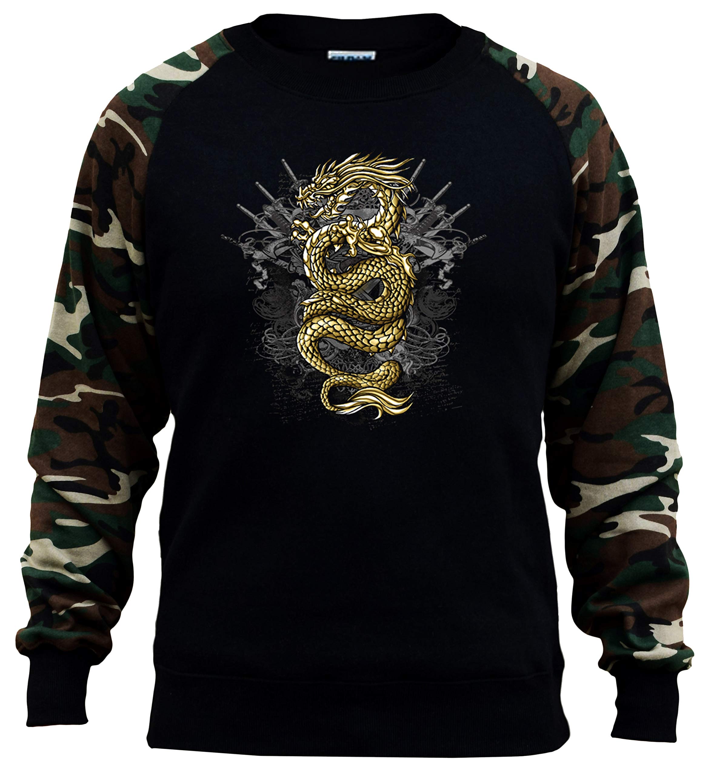 Men's Gold Dragon Print Black Camo Raglan Baseball Sweatshirt - Streetwear Fashion for Casual Outfits & Hip Hop Style