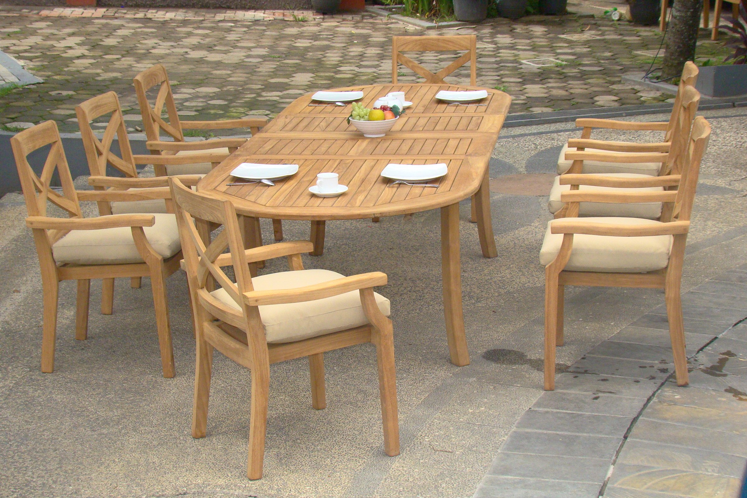 Premium 9-Piece Teak Wood Dining Set with 94-Inch Oval Table & 8 Stackable Granada Arm Chairs - Grade-A Luxury Outdoor Furniture for Patio, Garden, and Backyard Entertaining