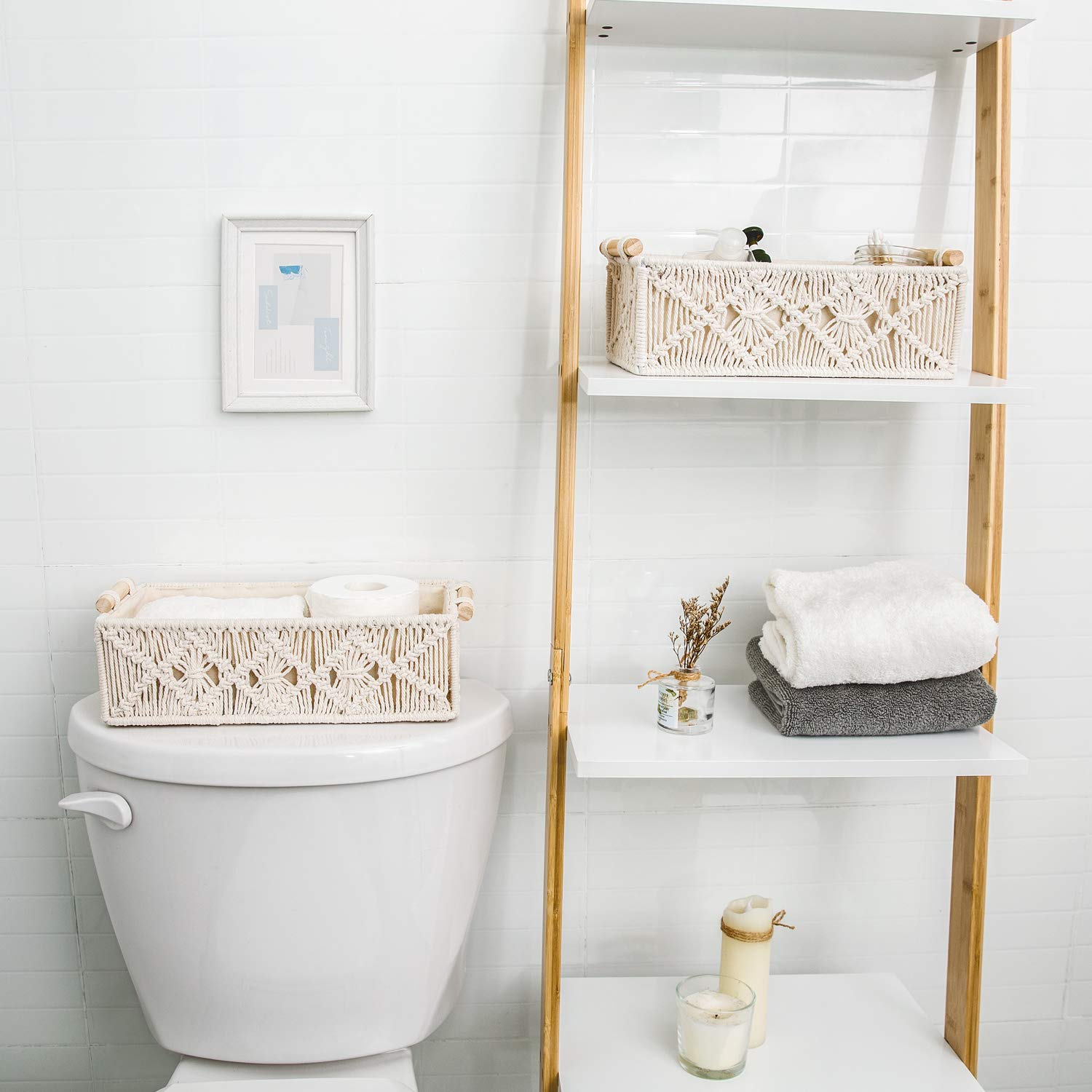 Mkono Macrame Storage Baskets Set of 3 - Boho Chic Over The Door Organizer for Nursery, Bedroom, Closet & Bathroom | Perfect for Dorm Decor, Wall Hanging & Home Organization