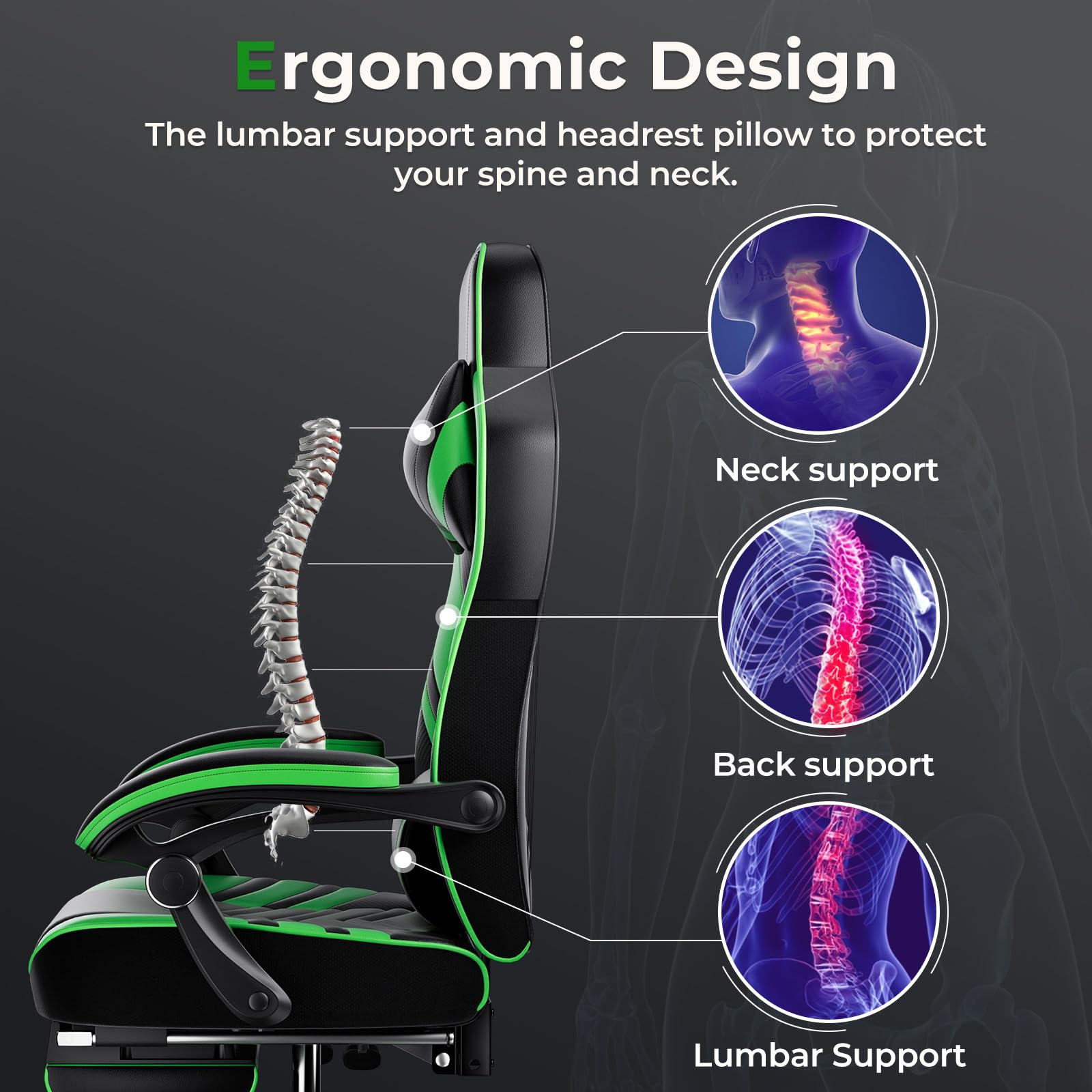 **POWERSTONE Gaming Chair - Ergonomic Racing Style PU Leather Computer Chair with Adjustable Lumbar Support & Footrest - Green - Perfect for Esports, Streaming & Office Work**