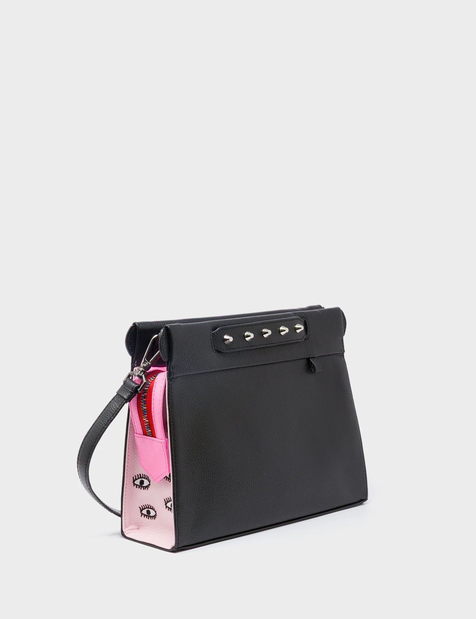 Vali Crossbody Small Leather Bag - Parfait Pink & Black with All Over Eyes Embroidery | Fashionable Women's Purse for Daily Use, Travel & Date Night