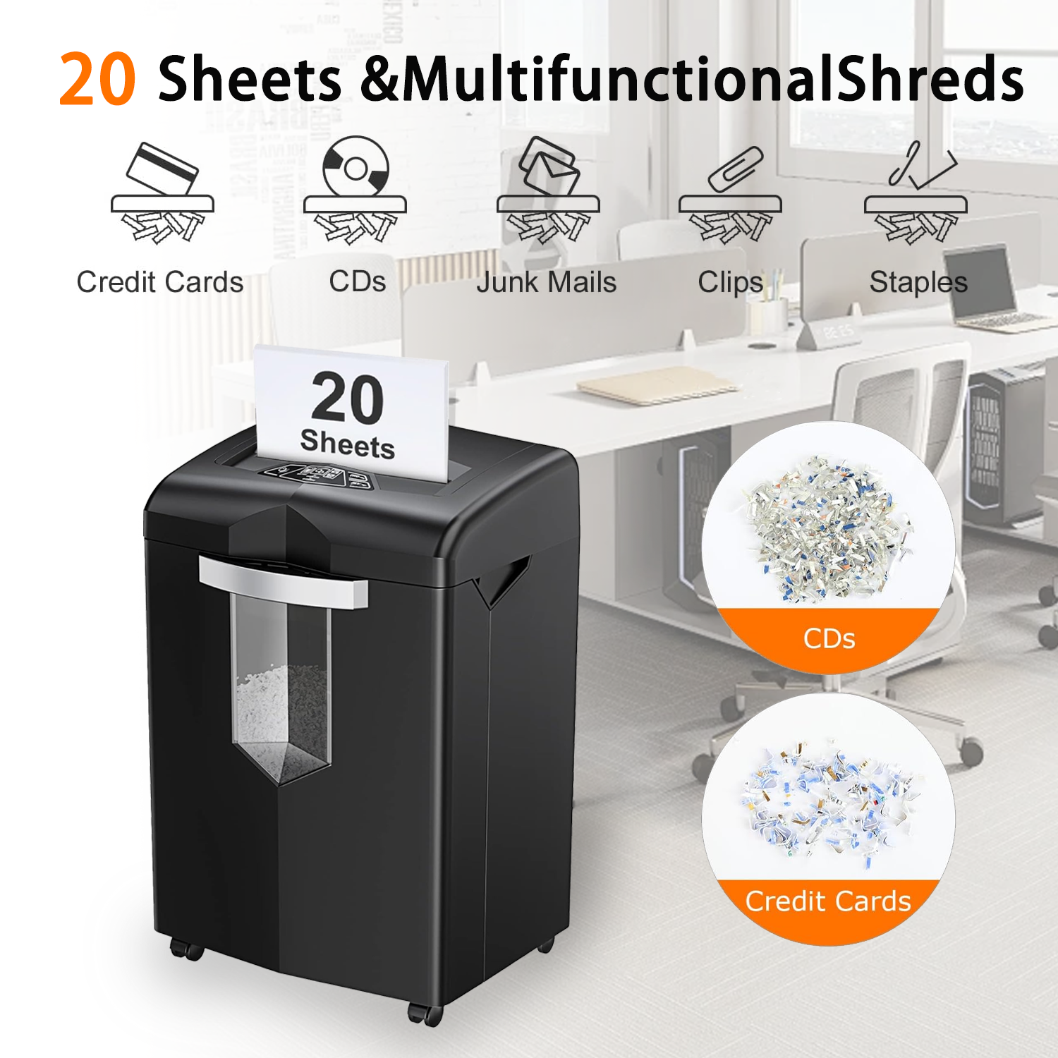 Bonsaii Heavy Duty 20-Sheet Crosscut Paper Shredder for Large Office & Commercial Use - 40 Minute Runtime, Anti-Jam System, P-4 Security Level (Shreds CDs/Credit Cards/Staples) with 7-Gallon Pullout Bin C144-D - Perfect for Document Security & Confidential Paper Disposal in Corporate Offices, Banks & Home Offices