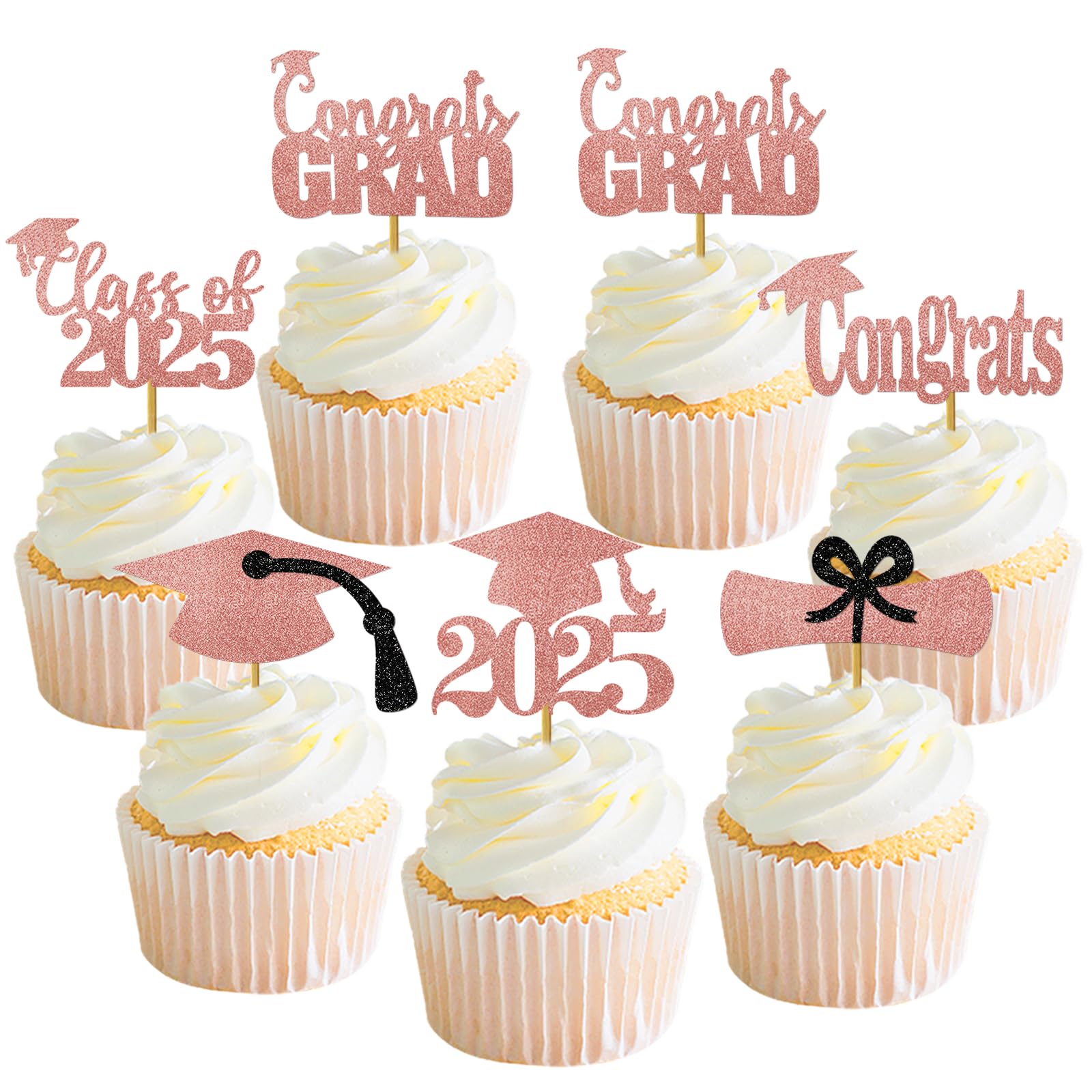 2025 Graduation Cupcake Toppers - Rose Gold Graduation Hat Decorations for Class of 2025 | Perfect for Graduation Party, Cake Decorating & School Celebration