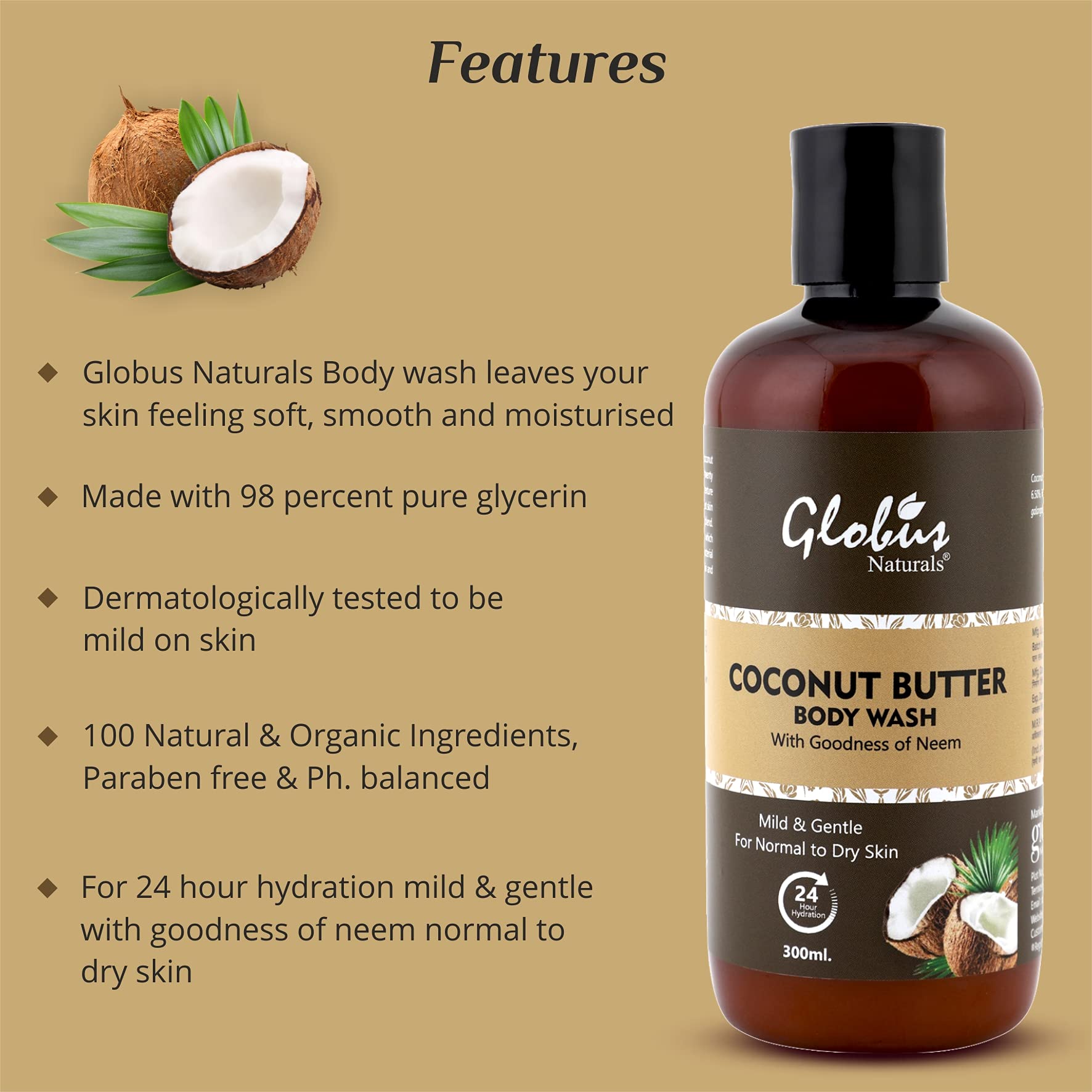 Globus Naturals Nourishing Coconut Butter Body Wash - 10.1 fl oz (300ml) for Soft & Hydrated Skin | Perfect for Dry Skin Care & Daily Shower Routine